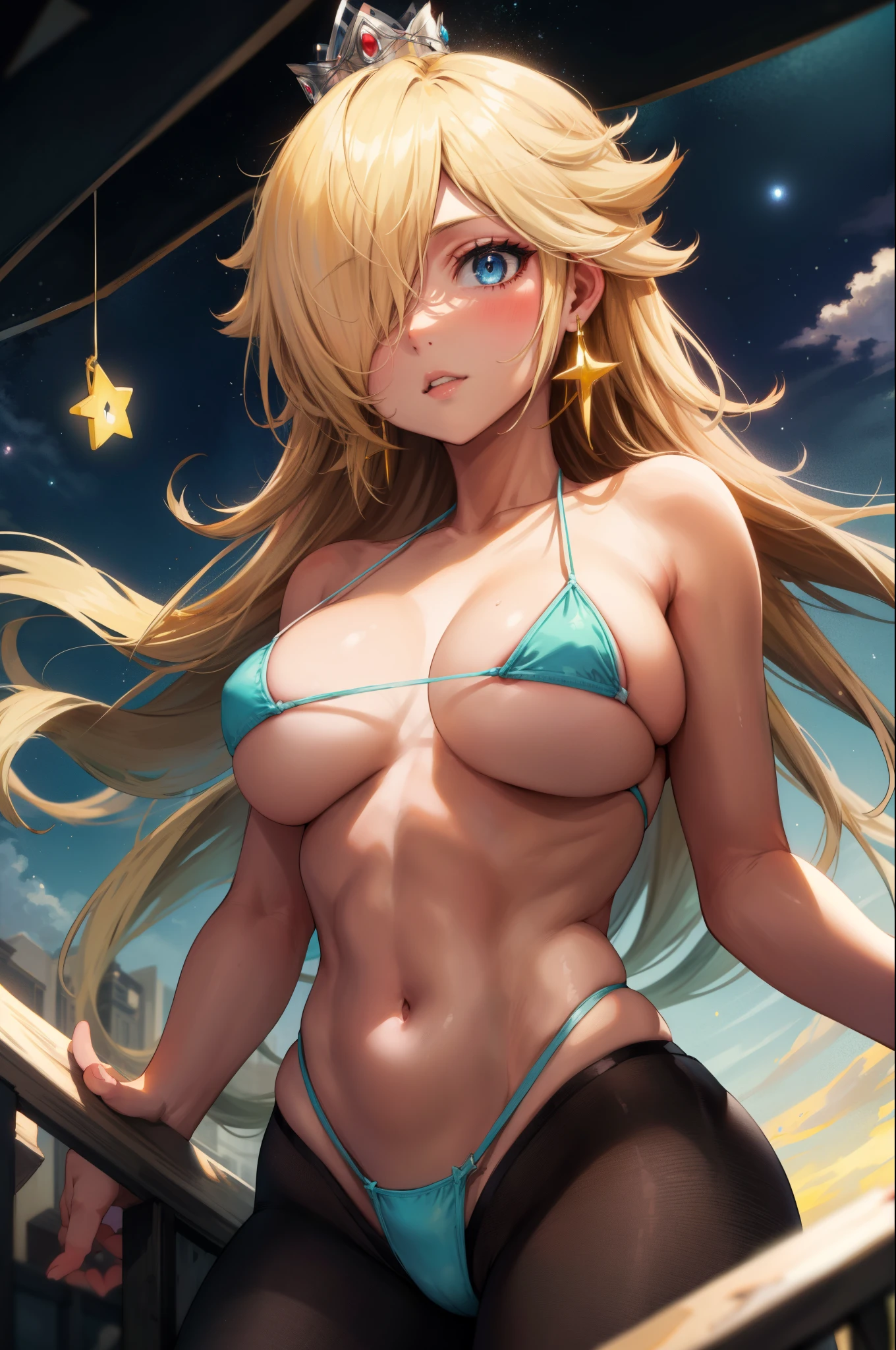 masterpiece,best quality,1girl,blonde hair, micro bikini,blue eyes,crown,hair over one eye,star (symbol),star earrings, big breasts 