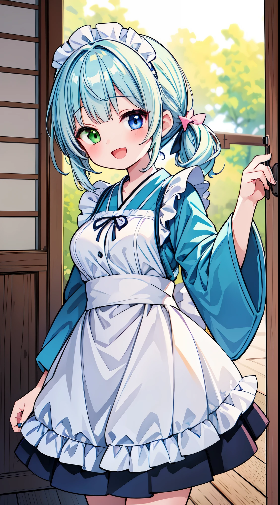 (masterpiece, top quality, best quality, official art, beautiful and aesthetic:1.2),ultra-detailed,intricate details,amazing illustration,award-winning art,atmospheric,
BREAK, 1 beautiful girl, (17 years old girl),Solo,(Cute:1.5),(Chibi:0.6),(kawaii:1.5),(Lori:0.5),BREAK,(17 years old girl), 1 beautiful girl,Very detailed,colourfull,highest details,Clear skin,Beautiful skin,Shy,Very detailed,colourfull,highest details,BREAK,Clear skin,Beautiful skin,Shy skin,BREAK,(Heterochromia,blue eyes,Green eyes, Eye Highlights,The first hyperfine stars:1.45),star eye silhouette ,BREAK,(pale blue hair, Medium length:1.4),(side ponytail,A little curly hair,Princess Cut, crossed bangs:1.3),(large breasts,Beautiful breasts(best quality face),(Top quality glowing eyes),(The best smile,:D:1.45), BREAK,
BREAK maid,long skirt,BREAK,boots,aisho's romantic,natural light natural sunlight,outdoors,
BREAK japanese room, tatami, shou BREAK,wakame,wakame,wakame,(Cowboy Shot:1.4),
BREAK,(Blurry background:1.3),(absurderes, hight resolution, Super Detail Art),cel shading,Clear Color, Lonely optical effect, Beautiful pictures, Bright glow, mystic atmosphere,(Close-up of girl:1.1), Mystical light particle effect,manga influence, clean line drawings,