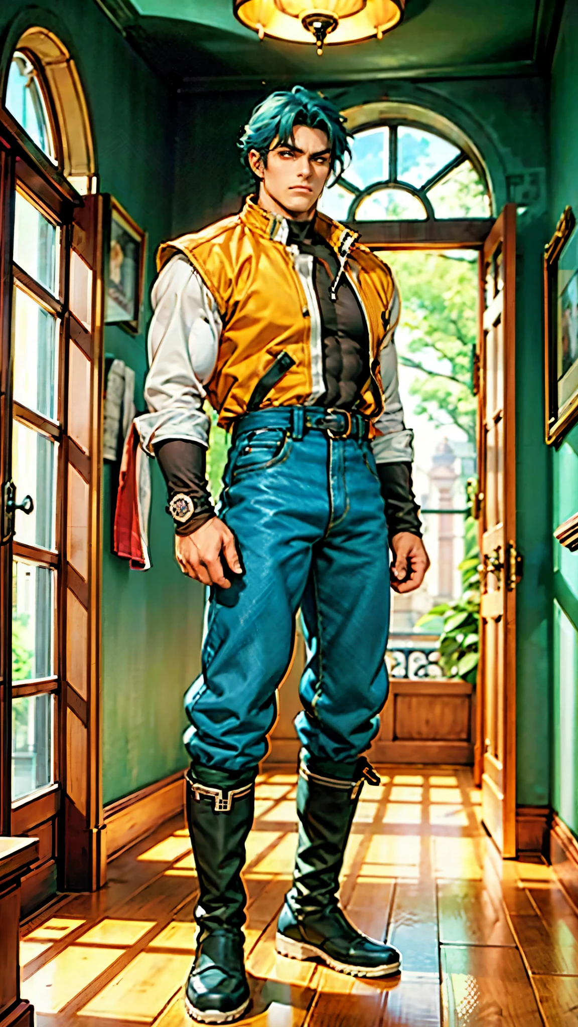 In the backdrop of an ancient fantasy-reality setting, a youth sporting a platinum crew cut displays a piercing gaze and confident demeanor. Adorned in a two-piece fusion outfit, seamlessly blending Western and Eastern influences, he wears a snug dark top paired with a vibrant yellow-blue short jacket. The lower half features loose white utility pants, and his sturdy long boots echo through the corridors of an antiquated architectural landscape. The overall aesthetic captures the essence of a refined and mature anime-inspired  rogue, symmetrical face, extremely detailed eyes and face, high quality eyes, high definition, highres, ultra-fine painting, exquisite and mature, extremely delicate, professional, anatomically correct, creativity, UHD, HDR, 32k, Natural light, cinematic lighting, best shadow, masterpiece-anatomy-perfect, best quality, masterpiece, ultra-detailed