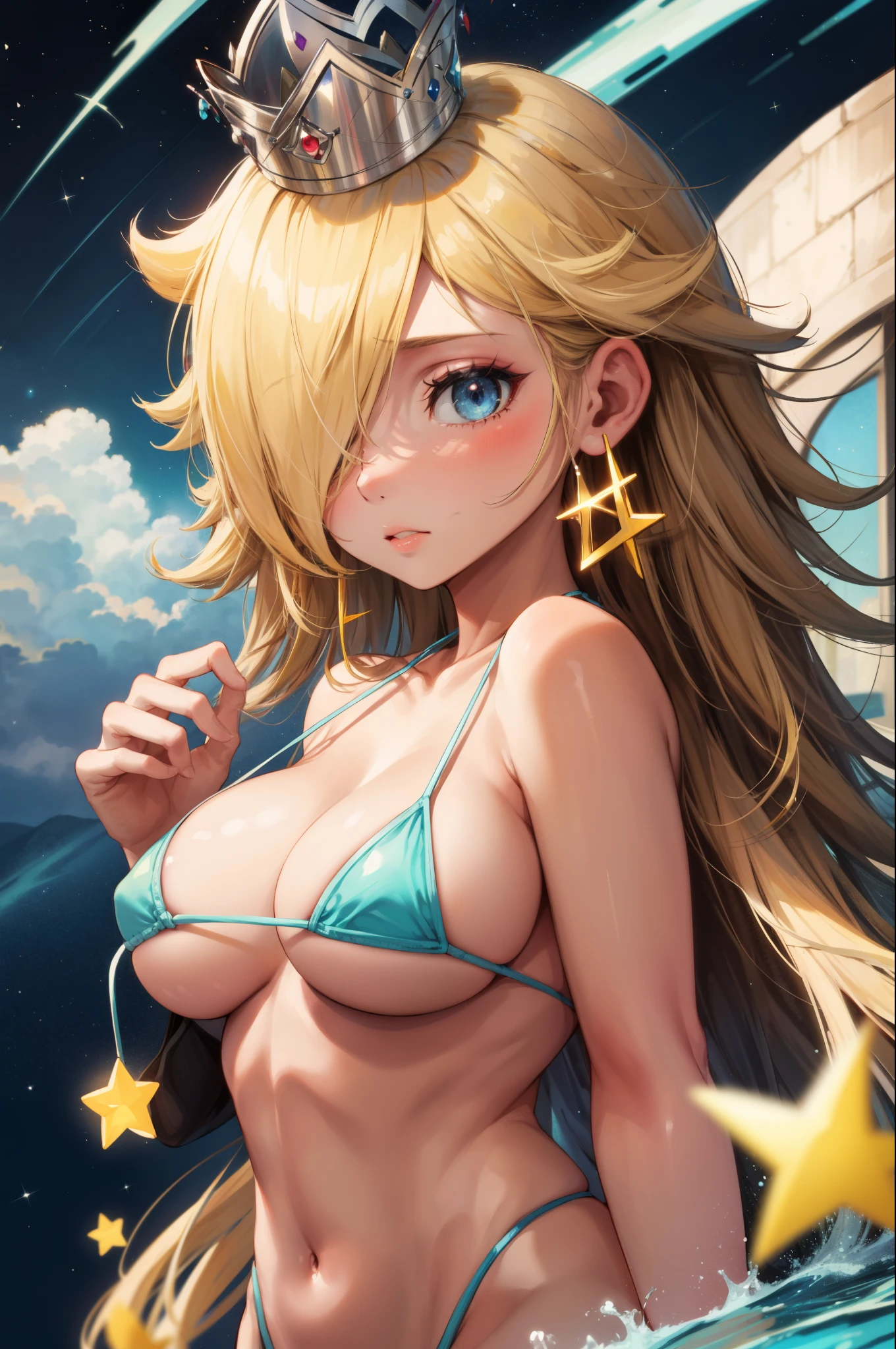 masterpiece,best quality,1girl,blonde hair, micro bikini,blue eyes,crown,hair over one eye,star (symbol),star earrings, big breasts 