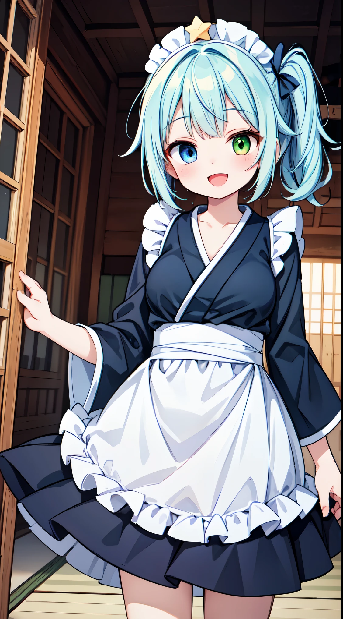 (masterpiece, top quality, best quality, official art, beautiful and aesthetic:1.2),ultra-detailed,intricate details,amazing illustration,award-winning art,atmospheric, 
BREAK,  1 beautiful girl, (17 years old girl),Solo,(Cute:1.5),(Chibi:0.6),(kawaii:1.5),(Lori:0.5),BREAK,(17 years old girl), 1 beautiful girl,Very detailed,colourfull,highest details,Clear skin,Beautiful skin,Shy,Very detailed,colourfull,highest details,BREAK,Clear skin,Beautiful skin,Shy skin,BREAK,(Heterochromia,blue eyes,Green eyes, Eye Highlights,The first hyperfine stars:1.45),star eye silhouette ,BREAK,(pale blue hair, Medium length:1.4),(side ponytail,A little curly hair,Princess Cut, crossed bangs:1.3),(large breasts,Beautiful breasts(best quality face),(Top quality glowing eyes),(The best smile,:D:1.45),   BREAK,

BREAK maid,long skirt,BREAK,boots,aisho's romantic,natural light natural sunlight,outdoors,
BREAK japanese room, tatami, shou BREAK,wakame,wakame,wakame,(Cowboy Shot:1.4),

BREAK,(Blurry background:1.3),(absurderes, hight resolution, Super Detail Art),cel shading,Clear Color, Lonely optical effect, Beautiful pictures, Bright glow, mystic atmosphere,(Close-up of girl:1.1), Mystical light particle effect,manga influence, clean line drawings,