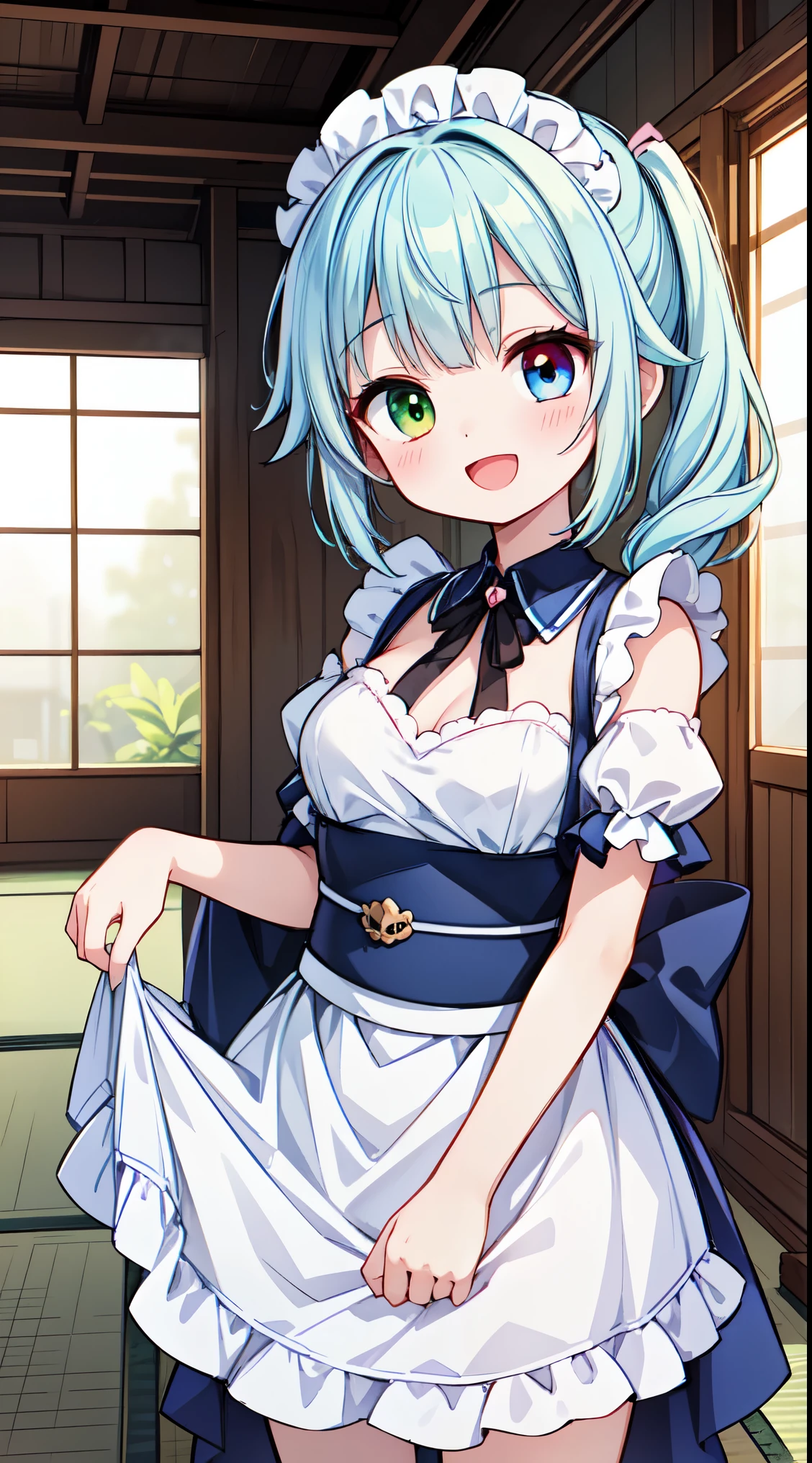 (masterpiece, top quality, best quality, official art, beautiful and aesthetic:1.2),ultra-detailed,intricate details,amazing illustration,award-winning art,atmospheric,
BREAK, 1 beautiful girl, (17 years old girl),Solo,(Cute:1.5),(Chibi:0.6),(kawaii:1.5),(Lori:0.5),BREAK,(17 years old girl), 1 beautiful girl,Very detailed,colourfull,highest details,Clear skin,Beautiful skin,Shy,Very detailed,colourfull,highest details,BREAK,Clear skin,Beautiful skin,Shy skin,BREAK,(Heterochromia,blue eyes,Green eyes, Eye Highlights,The first hyperfine stars:1.45),star eye silhouette ,BREAK,(pale blue hair, Medium length:1.4),(side ponytail,A little curly hair,Princess Cut, crossed bangs:1.3),(large breasts,Beautiful breasts(best quality face),(Top quality glowing eyes),(The best smile,:D:1.45), BREAK,
BREAK maid,long skirt,BREAK,boots,aisho's romantic,natural light natural sunlight,outdoors,
BREAK japanese room, tatami, shou BREAK,wakame,wakame,wakame,(Cowboy Shot:1.4),
BREAK,(Blurry background:1.3),(absurderes, hight resolution, Super Detail Art),cel shading,Clear Color, Lonely optical effect, Beautiful pictures, Bright glow, mystic atmosphere,(Close-up of girl:1.1), Mystical light particle effect,manga influence, clean line drawings,