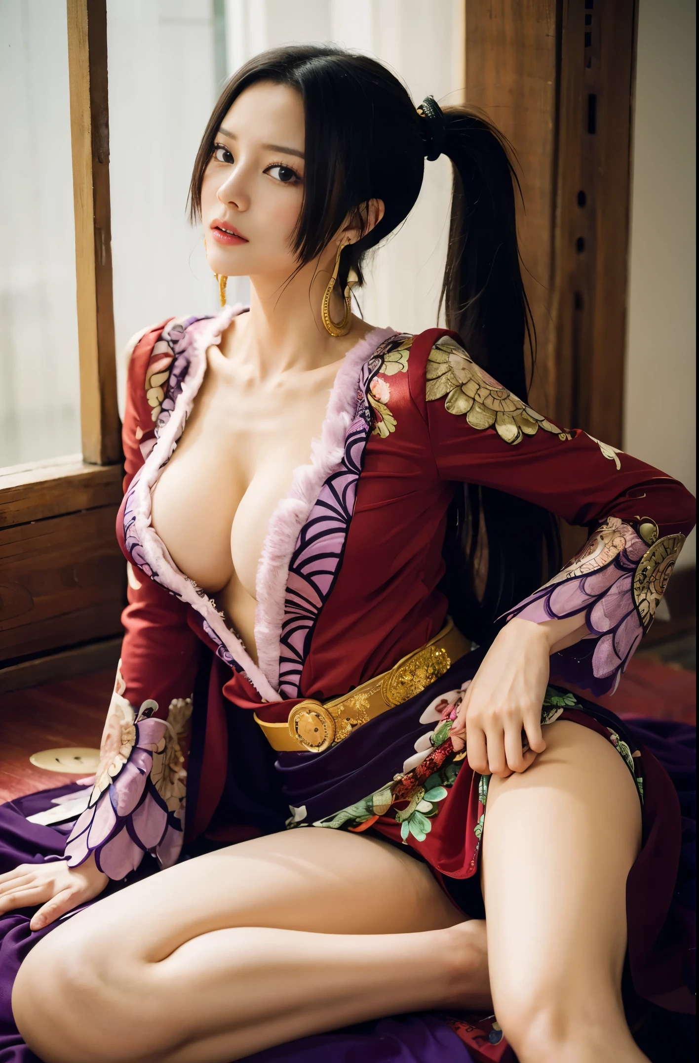 Boa Hancock、Purple、China dress、tits、enchanted、foot、big breasts、sexy、美foot、beautiful、ponytail、black hair、pupil、beautiful skin、thighs、chest、tall、model body shape