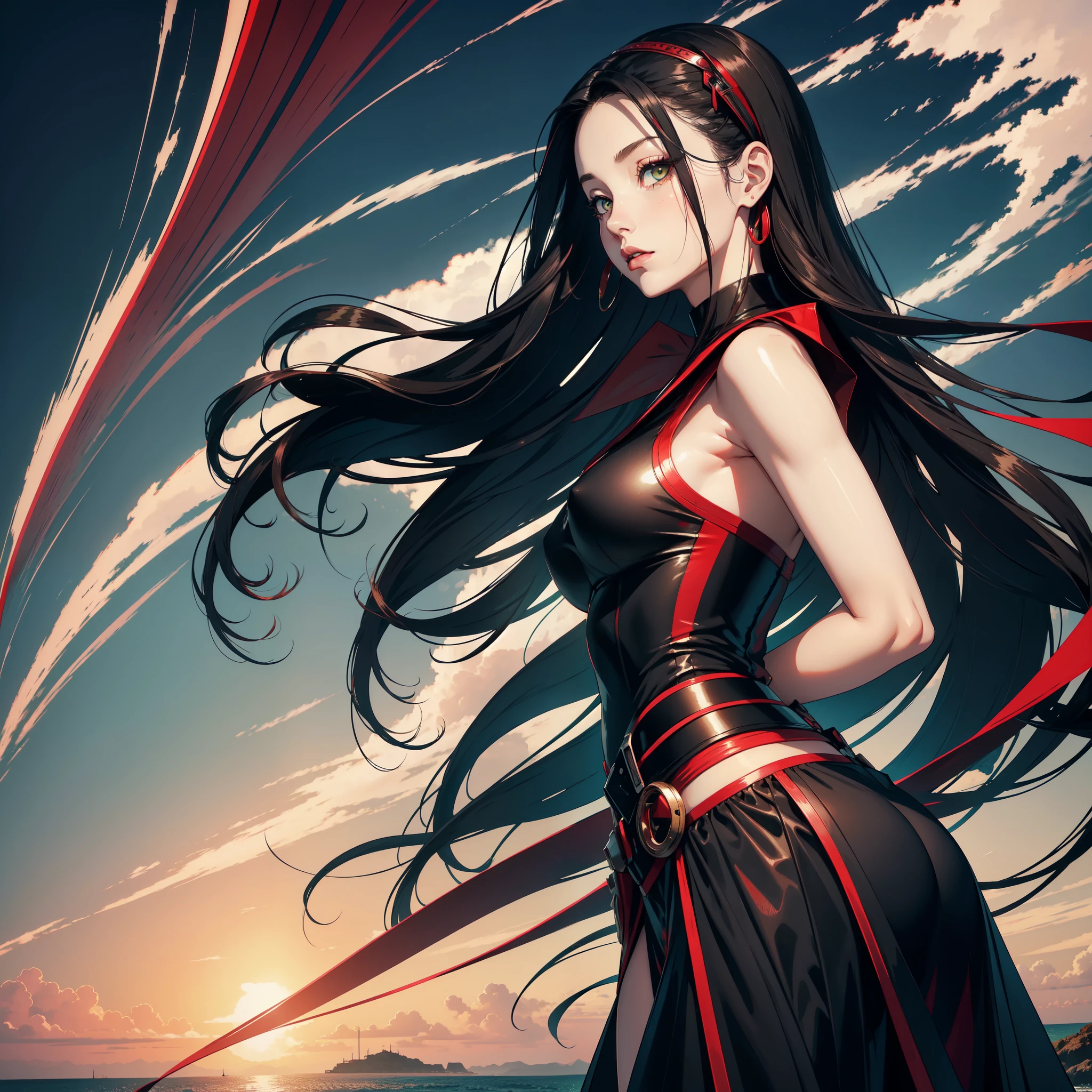 Digital art, photo realistic, hyper detailed, beautiful woman, 27 years old full height, hands behind her back, staring at the horizon, red-black gradient long straight hair, dark-green eyes, sea background, black skirt, white shirt, red belt