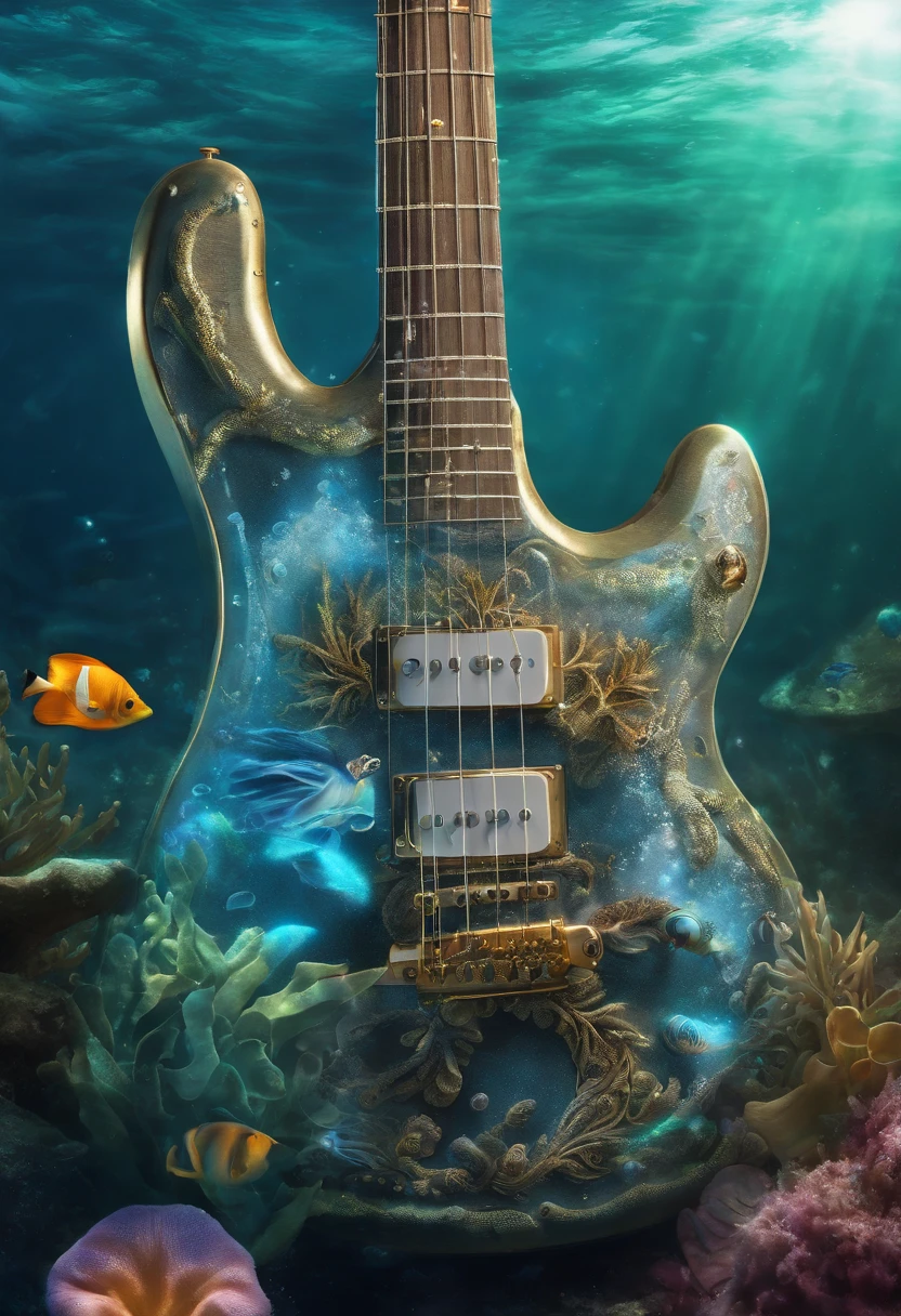 {{A mesmerizing depiction of an electric guitar}} submerged underwater, with bubbles rising around it. This is an underwater fantasy-inspired image that showcases the guitar's beauty in an unusual setting. The environment/background should be an underwater world with colorful coral reefs to create a dreamy and surreal atmosphere. The image should be in the style of a digital painting, incorporating elements of underwater fantasy art. The close-up shot, captured with a macro lens, will provide an intimate and enchanting view of the guitar's intricate details and the underwater flora. The lighting should be ethereal, emphasizing the play of light through the water and the guitar's design. The desired level of detail is high with a high-resolution, highlighting the guitar's otherworldly qualities. The goal is to create a captivating image that transports viewers to an enchanting underwater realm