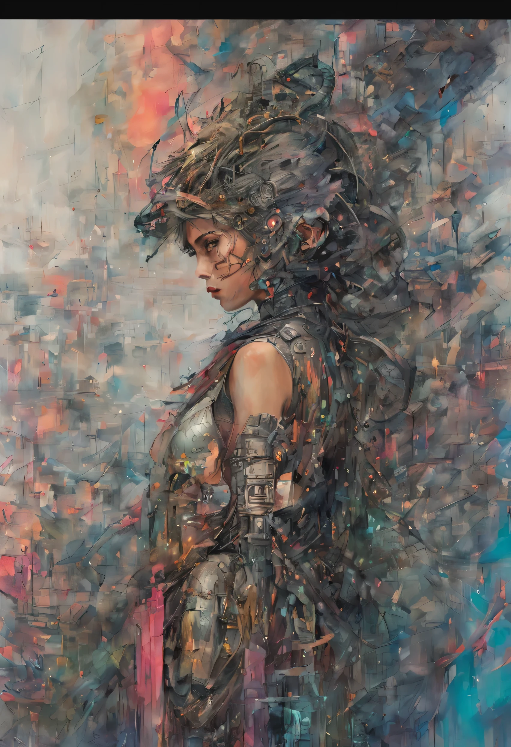 Title: "Aeon Symphony: The Cybernetic Sovereign's Battle Hymn"
Step into the mesmerizing world of "Aeon Symphony," where the key visual centers around a formidable warrior princess, an amalgamation of strength and breathtaking beauty. This intricate and highly detailed composition, inspired by the artistic brilliance of Carne Griffiths and Conrad Roset, weaves together elements of cyberpunk aesthetics and traditional artistry in a comprehensive cinematic masterpiece.
The humanoid figure, donned in cyberpunk allure, takes center stage, her precise lineart capturing both the essence of her strength and the subtleties of her beauty. Adorned with headphones and looking away, she commands attention and exudes a sense of determination and purpose.
Explore the most beautiful portrait in the world with a staggering resolution of 1.5, a visual masterpiece boasting the best quality, high resolution, absurd details, and intricate artistry at 1.2. Every nuance of the cybernetic sovereign's features is rendered with unparalleled precision, inviting viewers to immerse themselves in the sheer artistry of the piece.
The canvas extends beyond the figure, incorporating cyberpunk elements seamlessly. Cables and wires entwine like vines, flames dance with controlled chaos, and the room suggests an impending overheat or explosion, creating a dynamic narrative against a simple background. This cyberpunk arena serves as a stage for the unfolding symphony.
In a fusion of the organic and the technological, witness the cybernetic sovereign standing beside an art canvas, paintbrush, and easel. The iridescent and holographic touches add an ethereal quality, turning this warrior princess into a visual masterpiece that transcends the boundaries of genre, where strength, beauty, and artistic expression converge in an unforgettable tableau.
Nicked and ready for battle, the Cybernetic Sovereign's Battle Hymn echoes through the cyberpunk arena, where each stroke of the paintbrush becomes a wea