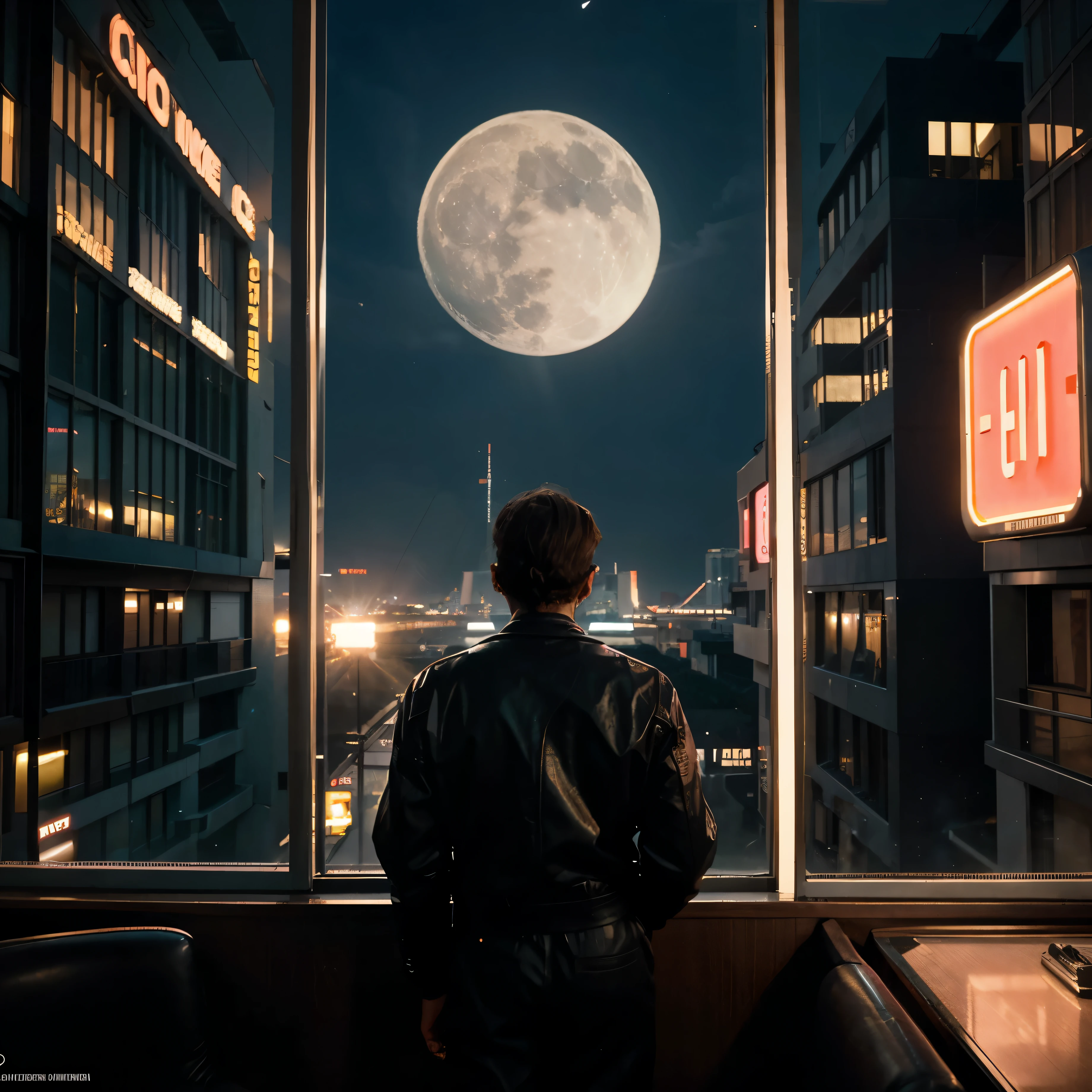 4k image from a 1960s science fiction film by Wes Anderson, Filme O Grande Hotel Budapeste, pastels colors, an big city with neon colors, at night through a window, big city retro futuristic neon, blade runner style, Retro-futuristic from the 60s with old robots, Luz Natural, Psicodelia, futurista estranho, retro-futurista, photo-realistic, Sharp background details, solitude, sadness, lonely man. big moon, man from back