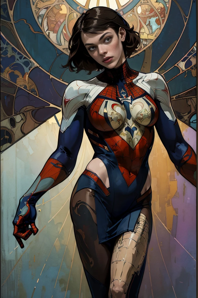 keira knightley、Sticking out the navel、newyork、She wears a torn Spider-Man suit,wearing skirt、abstract photorealistic、artistic、Alphonse Mucha's painting(​masterpiece、top-quality、hight resolution:1.4)、detaileds、複雑なdetaileds、4K、color splashes、line-drawing、Fibonacci、