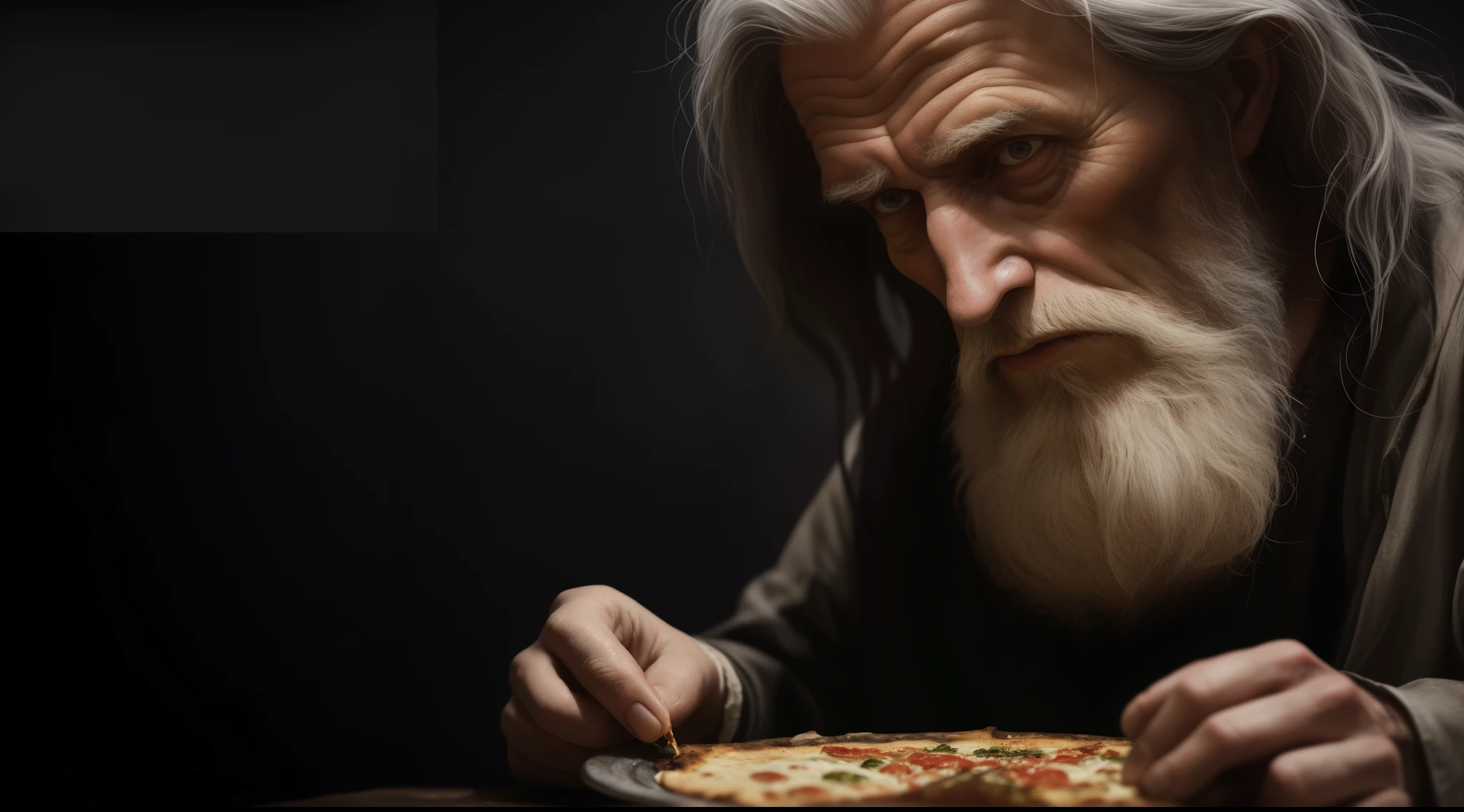 arafed man with long white hair and beard eating pizza, donald ????? as a homeless man, rasputin as grubhub character, wise old man, food commercial 4 k, very realistic digital art, highly realistic digital art, real life portrait, 8k artistic portrait photography, an old man, destitute, realistic digital painting, homeless, realistic digital art