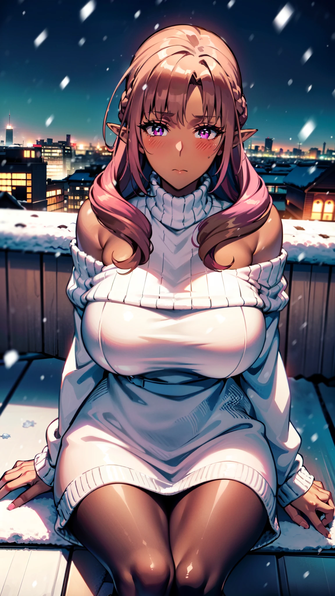 masterpiece, best quality, extremely detailed, 1girl, milf, solo, (dark brown skin:2), mamako_oosuki, (huge breasts:1.4), ((((pink hair), long hair, purple eyes, slit pupils, pointy ears))), parted lips, (((off-shoulder, off-shoulder sweater, long sleeves, sweater dress, pantyhose))), ((blush, :(), closed mouth), ((sitting on a rooftop, winter, snowing))