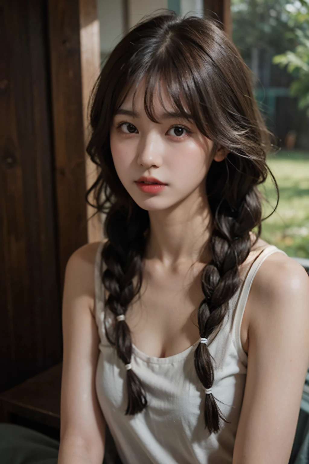 (From  above:1.4)、((1girl in)),Light Brown Fringe Hair、Braided hair、disheveled hair、Light brown eyes、(dignified expression)、((Casual summer clothes))、(爆乳:1.4)、Emphasize the valley、fittingroom、(Photorealsitic)、(intricate detailes:1.2)、(​masterpiece、:1.3)、(top-quality:1.4)、(超A high resolution:1.2)、超A high resolution、(A detailed eye)、(detailed facial features)、(breast hold:1.4)