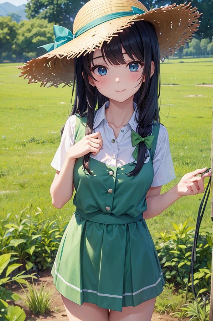 mulher asiatica, work clothes in the dirty field, straw hat with a green bow, em uma orta de alho poro, cabelo longo, cabelo castanho, olho azul,