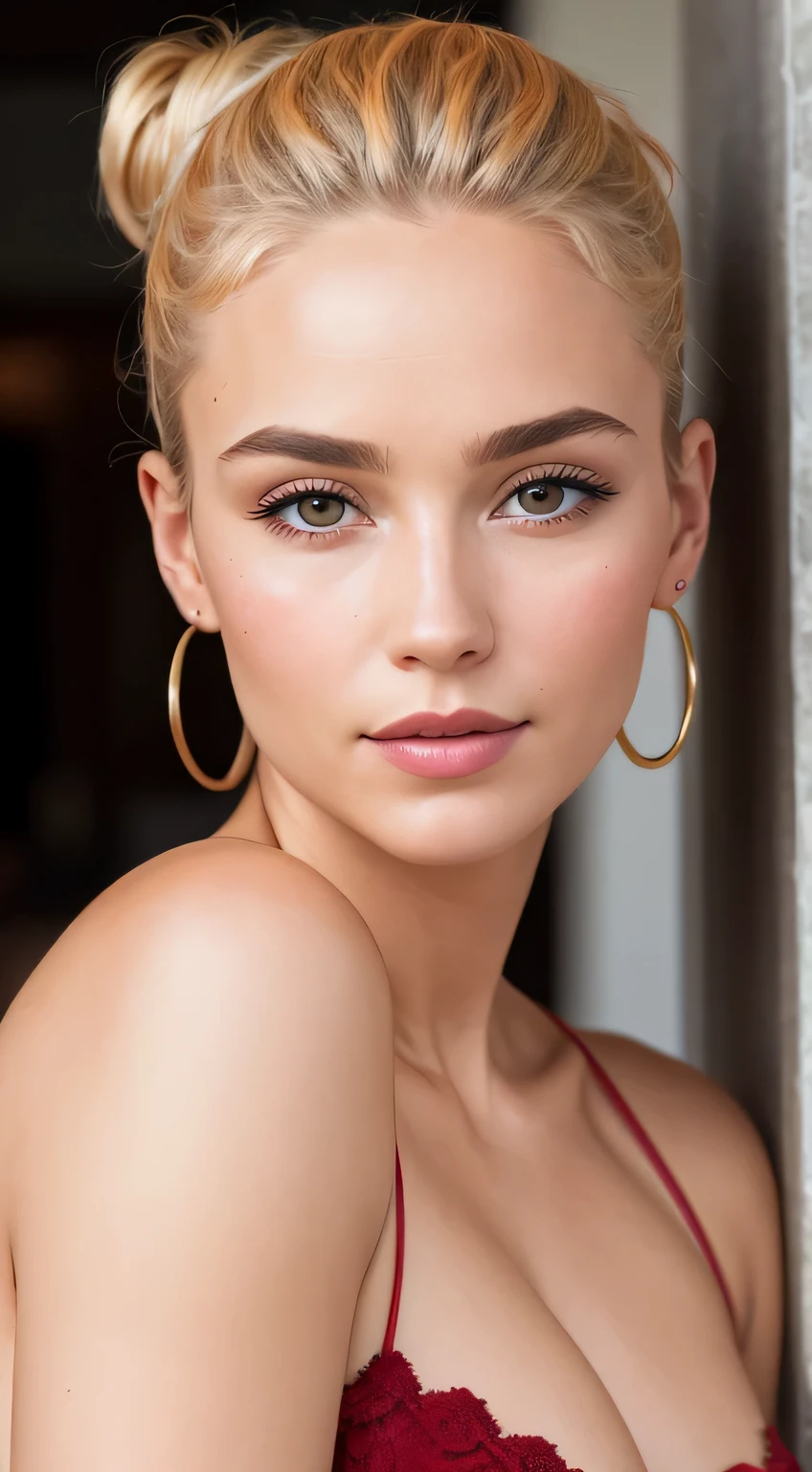 full head portrait photo of a 25-year-old aleida-jacobine with a messy bun .RAW, gorgeous woman, expressive, half-open strawberry lips, lips in dark red color with brightness, dimple, wistful look, (straight blonde hair), ((detailed Face)), ((detailed facial features)), (finely detailed skin), light brown skin, (masterpiece) (perfect aspect ratio)(Realistic photo)(best quality) (Detailed) photographed with a Canon EOS R5, 50mm lens, f/2.8, HDR, (8K), (Sharp focus ) (complicated), .RAW photo, .RAW photo, Giganhad photo, posing for camera, 8K UHD, DSLR, High quality, grain film, fujifilm XT3, detailed human skin has visible (wrinkles:0.625) and (small pores:0.75) and (blemishes:0.4)