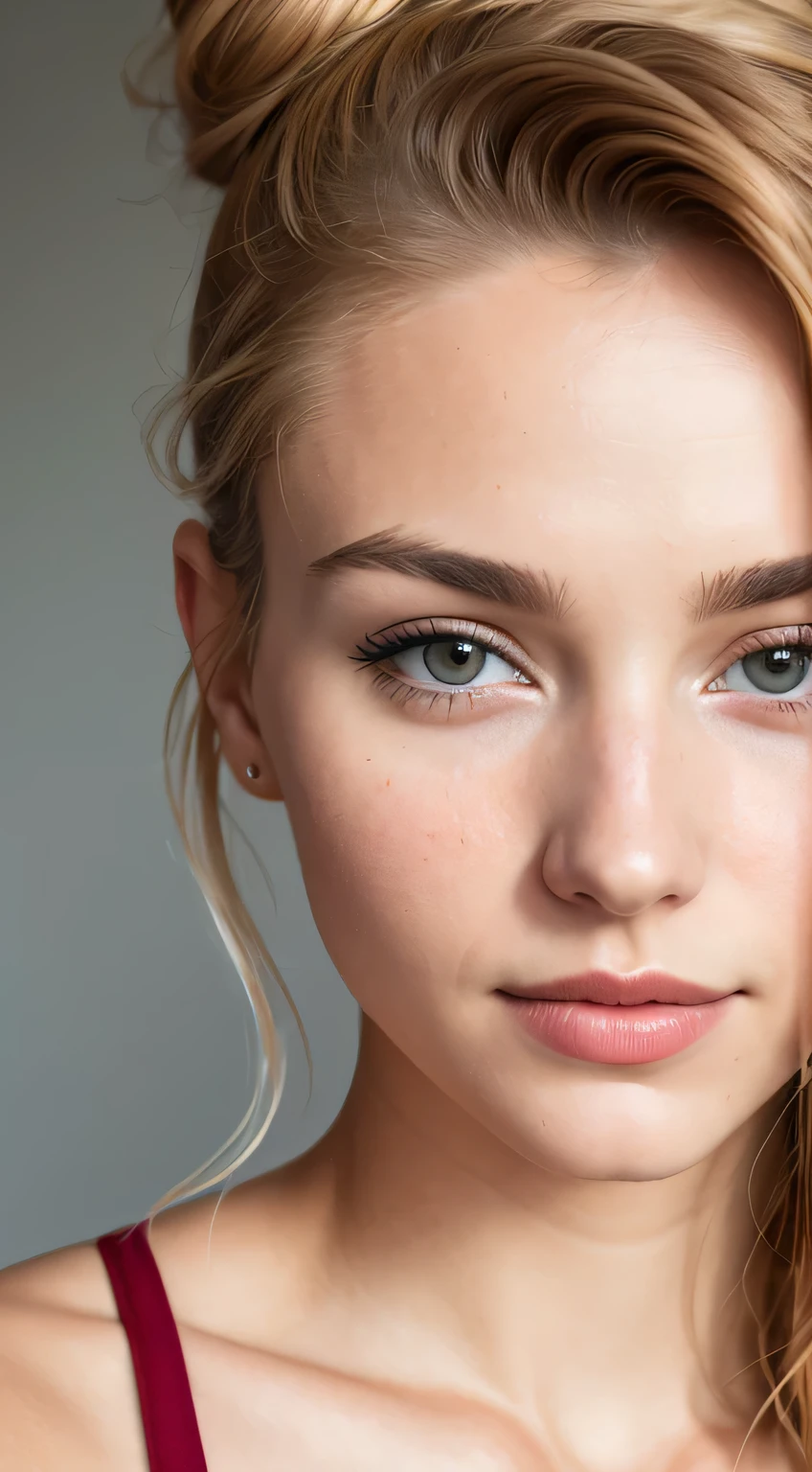 portrait photo of a 25-year-old Belgian girl with a messy bun .RAW, gorgeous woman, half-open strawberry lips, lips in dark red color with brightness, dimple, wistful look, (straight blonde hair), ((detailed Face)), ((detailed facial features)), (finely detailed skin), light brown skin, (masterpiece) (perfect aspect ratio)(Realistic photo)(best quality) (Detailed) photographed with a Canon EOS R5, 50mm lens, f/2.8, HDR, (8K), (Sharp focus ) (complicated), .RAW photo, .RAW photo, Giganhad photo, posing for camera, 8K UHD, DSLR, High quality, grain film, fujifilm XT3, detailed human skin has visible (wrinkles:0.625) and (small pores:0.75) and (blemishes:0.4)