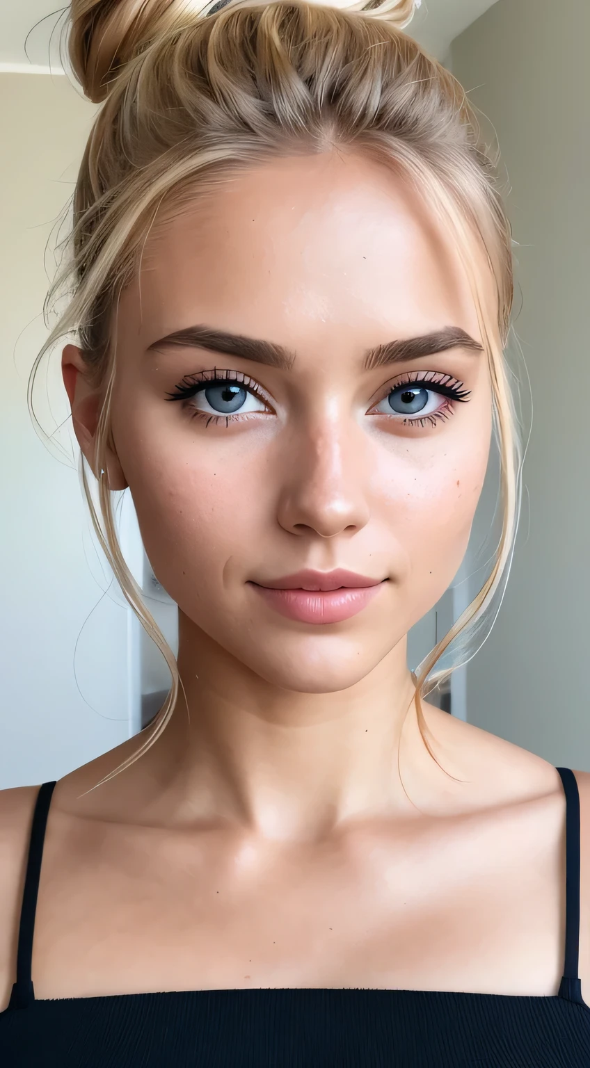 portrait photo of a 25-year-old Belgian girl with a messy bun .RAW, gorgeous woman, half-open strawberry lips, lips in dark red color with brightness, dimple, wistful look, (straight blonde hair), ((detailed Face)), ((detailed facial features)), (finely detailed skin), light brown skin, (masterpiece) (perfect aspect ratio)(Realistic photo)(best quality) (Detailed) photographed with a Canon EOS R5, 50mm lens, f/2.8, HDR, (8K), (Sharp focus ) (complicated), .RAW photo, .RAW photo, Giganhad photo, posing for camera, 8K UHD, DSLR, High quality, grain film, fujifilm XT3, detailed human skin has visible (wrinkles:0.625) and (small pores:0.75) and (blemishes:0.4)