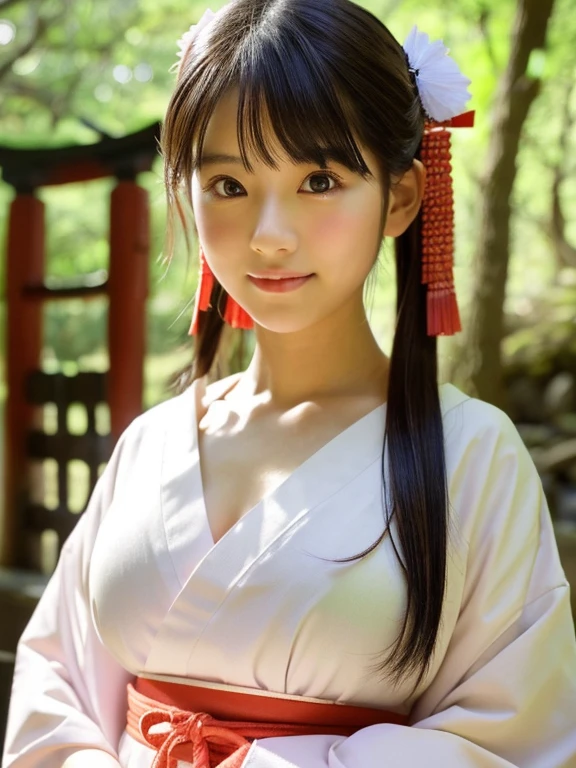 1 girl,full body,whole body,perfect face,Beautiful brown eyes,big breasts,thin waist,Plump lips,Calm face,Japanese shrine maiden clothes with light pigments,valley,Japanese,日本のshrine,Clothes,smile,shrine,Drooping eyes,Gravure idol,upward glance,within the territory,Kazuka Inoue