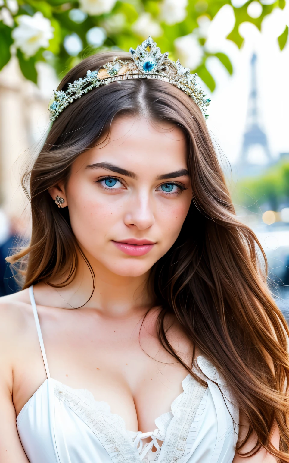 RAW,, Nikon Z 85mm, award-winning glamor photography, ((best quality)), ((masterpiece)), ((realistic)), 18th century, vintage image, beautiful French woman wearing, lace dress, wearing a crown, 25 years old, (long brown hair), hazel eyes, sitting outside in a cafe in Paris, eiffel tower in the background, petite, innocent, flower pedals on the air, (freckles :0.6), intricate details, highly detailed, sharp focus, professional, 4k, spring flowers blooming, divine rays, hand model, stunning blue eyes, small, delicate, innocent, high resolution, detailed facial features, high detail, sharp focus, soft , aesthetic, extremely detailed, photo_\(ultra\), photorealistic, realistic, post-processing, maximum detail, roughness, real life, ultra-realistic, photorealism, photography, 8k uhd, photography, SEMI-SILHOUETTE light, russian face