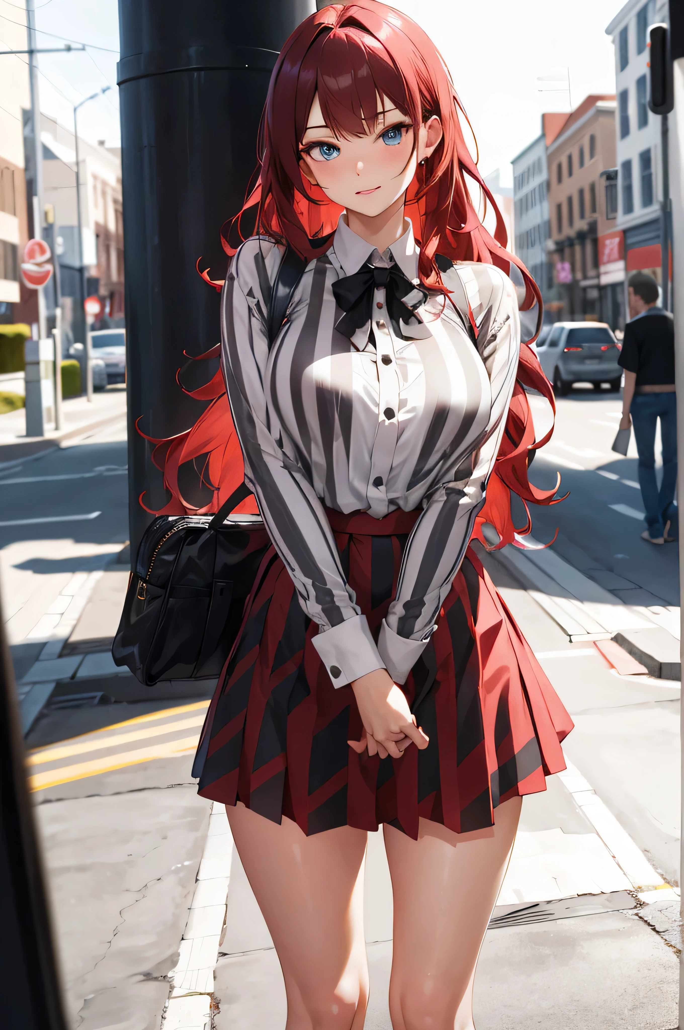 masterpiece, 8k, studio lighting, high resolution, sharp focus, hyperrealistic, high quality, Octane Render, photorealistic, beautiful 19 year old girl, long hair, wavy hair, red hair, blue eyes, detailed face and skin texture, BREAK ((black stripes print white blouse)), long sleeves, BREAK red skirt, white socks, brown shoes, sexy pose