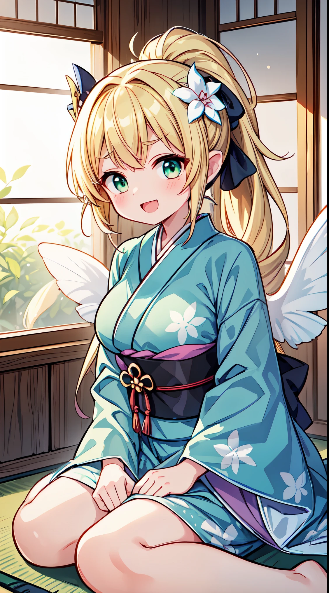 (masterpiece, top quality, best quality, official art, beautiful and aesthetic:1.2),ultra-detailed,intricate details,amazing illustration,award-winning art,atmospheric, 
BREAK,  1 beautiful girl, girl, (cute:1.5),(Little:0.5),(cute:2.0),(change:2.0),(12 year old girl),(big breasts:1.65),(chin hair,blonde,blue bow,green eyes,Eyebrows visible through the hair,side lock,long hair with bangs parted, hair flower, hair ornaments, big ribbon in hair, curly hair, ponytail:1.6),:he, white feathers, one thin white wing, Ang he wings, spread your wings, shining wings),pit \black},glowing skin, beautiful skin, Shining beautiful skin, open your mouth, bashful smile, alone, tooth, upper teeth,(long eyheashes, double eyheids:1.2),alone, glowing skin, beautiful skin, Shining beautiful skin,(highest quality face),(highest quality shining eyes),(fun, happy wings fluttering:1.45),  BREAK,
sitting, seiza, (green tea:1.2), (chasen, chado, sado, yunomi, chaki:1.3),centered, looking at viewer, hands on stomach
BREAK japanese clothes, kimono, flower printed kimono, long skirt
BREAK japanese room, tatami, shou BREAK,wakame,wakame,wakame,(Cowboy Shot:1.4),

BREAK,(Blurry background:1.3),(absurderes, hight resolution, Super Detail Art),cel shading,Clear Color, Lonely optical effect, Beautiful pictures, Bright glow, mystic atmosphere,(Close-up of girl:1.1), Mystical light particle effect,manga influence, clean line drawings,