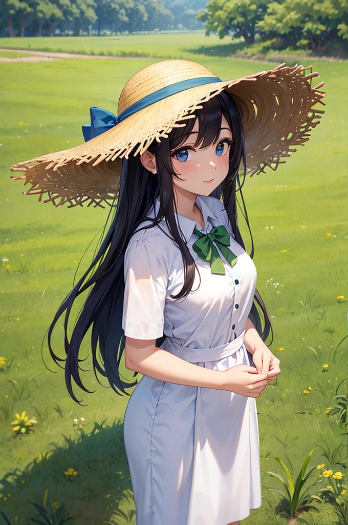 mulher asiatica, work clothes in the dirty field, straw hat with a green bow, fundo em uma orta de alho poro, cabelo longo, cabelo castanho, olho azul, mulher agro, pele rosada