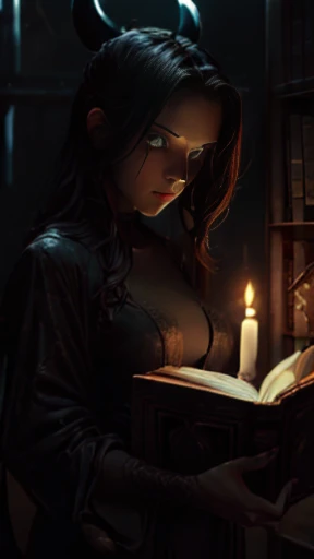 ((obra-prima)), ((melhor qualidade)), ((cinematic lighting): 1.0), ((medium close-up): 1.0)uma bruxa, cabelo branco, pale skin, olhos vermelhos, holding an open grimoire. ((Behind her, various demonic creatures look at the book, preparing to leave your hellish prison): 1.2).