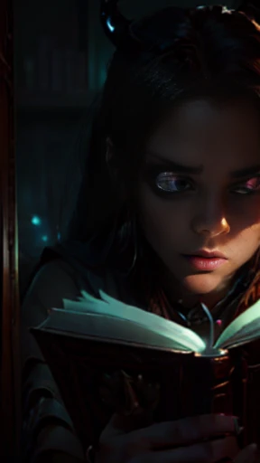 ((obra-prima)), ((melhor qualidade)), ((cinematic lighting): 1.0), ((medium close-up): 1.0)uma bruxa, cabelo branco, pale skin, olhos vermelhos, holding an open grimoire. ((Behind her, various demonic creatures look at the book, preparing to leave your hellish prison): 1.2).