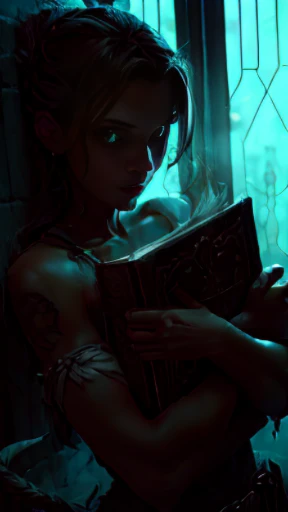 ((obra-prima)), ((melhor qualidade)), ((cinematic lighting): 1.0), ((medium close-up): 1.0)uma bruxa, cabelo branco, pale skin, olhos vermelhos, holding an open grimoire. ((Behind her, various demonic creatures look at the book, preparing to leave your hellish prison): 1.2).