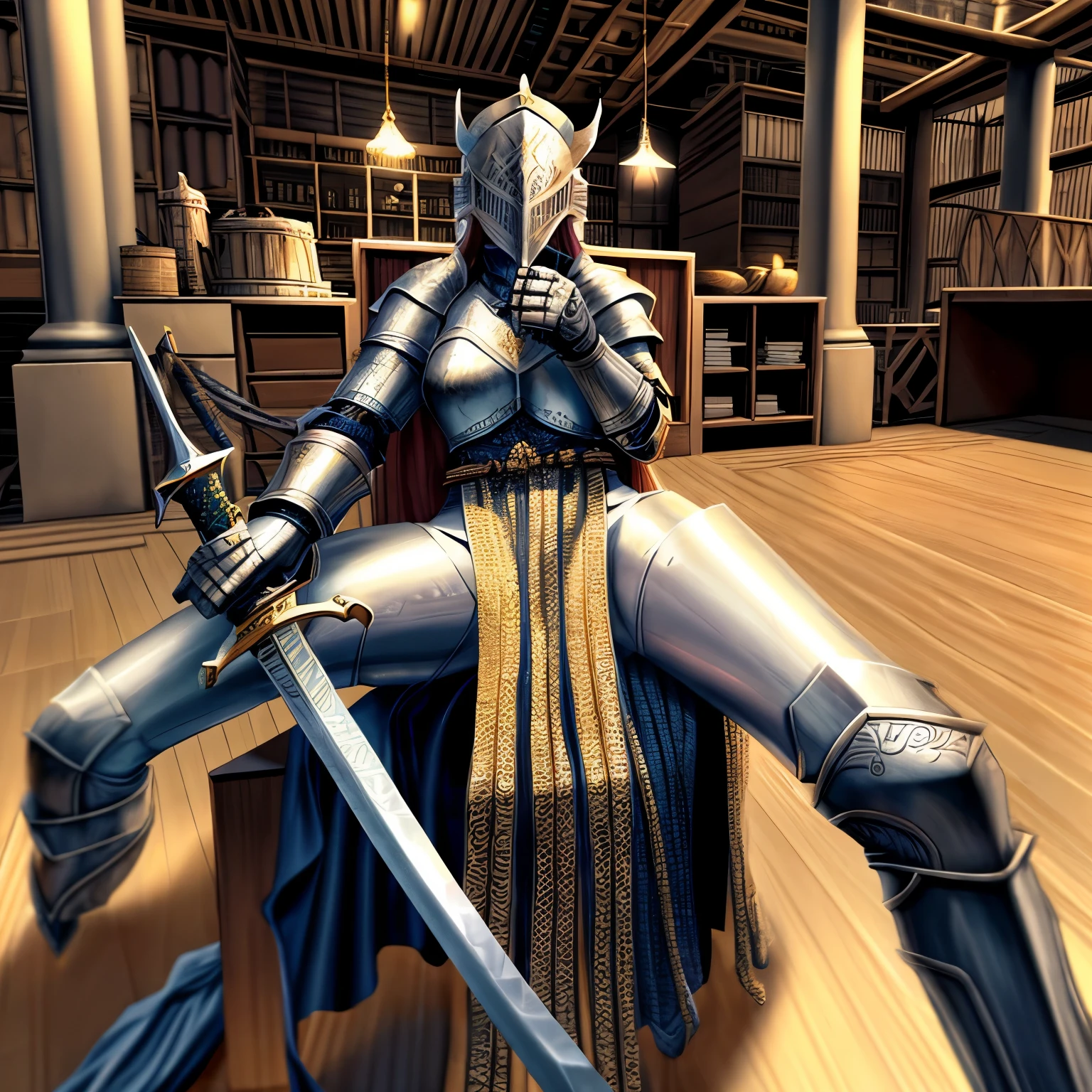 Female knight in armour, elden ring boss, sitting legs spread , full helmet, holding sword
