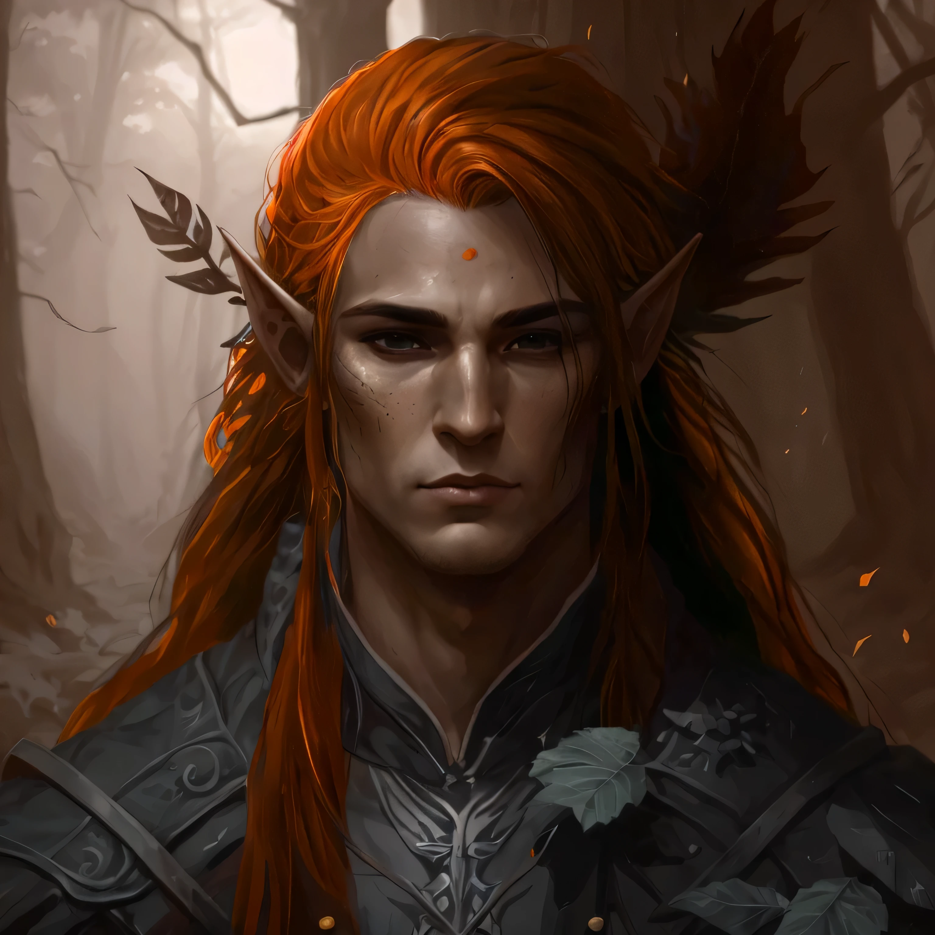 Masterpiece, hand painted, hyper detailed gouache style portrait of a handsome thiefling, hyper detailed natural skin, 8k, best quality, masterpiece, smooth shadows, correct anathomy, warm palette, warm colors, limited color scheme, textures