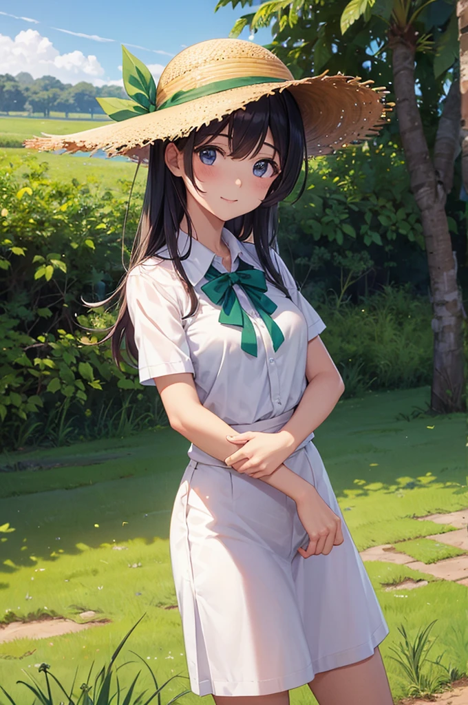 obra maestra, mejor calidad, high resolution, chi1, 1 chica, pelo largo, trenza, one side up, solo, blusa blanca lisa con cuello alto, Falda a cuadros verde hasta la rodilla, golpes, al aire libre, sonrisa, pendientes, sosteniendo una bolsa