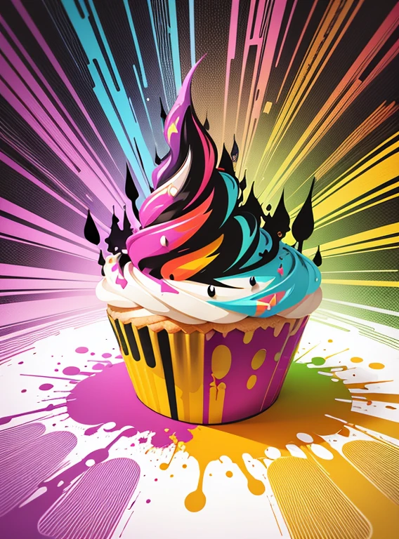 vector art, Colorful illustration with graffiti cupcake, in the center, Bright colors, paint splashes and blots, high detail, whitebackground