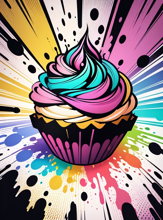 vector art, Colorful illustration with graffiti cupcake, in the center, Bright colors, paint splashes and blots, high detail, whitebackground