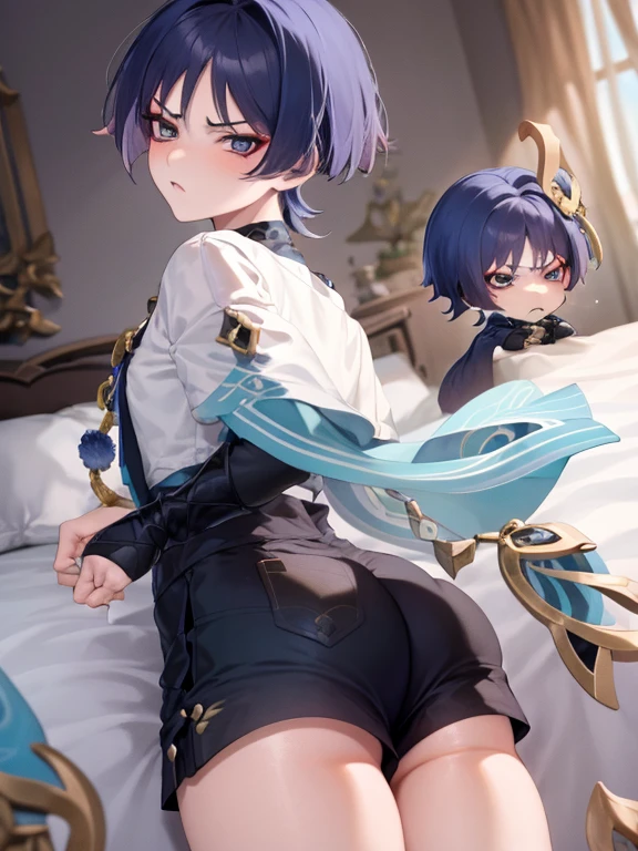 Scaramouche, underbutt, annoyed, ass view, ass focus, on bed, shorts, genshin impact, petite, cute, effeminate, best quality,4k,8k,highres,masterpiece:1.2),ultra-detailed