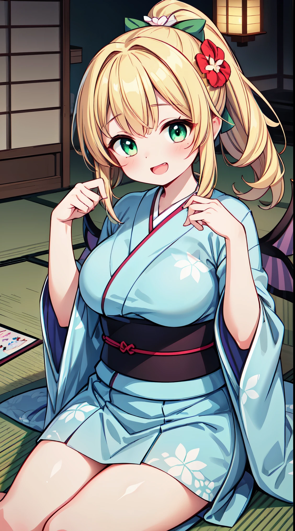 ultra-detailed, high resolution,(incredibly absurdness) ,extremely detailed CG unity 8k wallpaper, ((masterpiece)), ((top-quality)), 
BREAK,  1 beautiful girl, girl, (cute:1.5),(Little:0.5),(cute:2.0),(change:2.0),(12 year old girl),(big breasts:1.65),(chin hair,blonde,blue bow,green eyes,Eyebrows visible through the hair,side lock,long hair with bangs parted, hair flower, hair ornaments, big ribbon in hair, curly hair, ponytail:1.6),:he, white feathers, one thin white wing, Ang he wings, spread your wings, shining wings),pit \black},glowing skin, beautiful skin, Shining beautiful skin, open your mouth, bashful smile, alone, tooth, upper teeth,(long eyheashes, double eyheids:1.2),alone, glowing skin, beautiful skin, Shining beautiful skin,(highest quality face),(highest quality shining eyes),(fun, happy wings fluttering:1.45),  BREAK,
sitting, seiza, (green tea:1.2), (chasen, chado, sado, yunomi, chaki:1.3),centered, looking at viewer, hands on stomach
BREAK japanese clothes, kimono, flower printed kimono, long skirt
BREAK japanese room, tatami, shou BREAK,wakame,wakame,wakame,(Cowboy Shot:1.4),

BREAK,(Blurry background:1.3),(absurderes, hight resolution, Super Detail Art),cel shading,Clear Color, Lonely optical effect, Beautiful pictures, Bright glow, mystic atmosphere,(Close-up of girl:1.1), Mystical light particle effect,manga influence, clean line drawings,