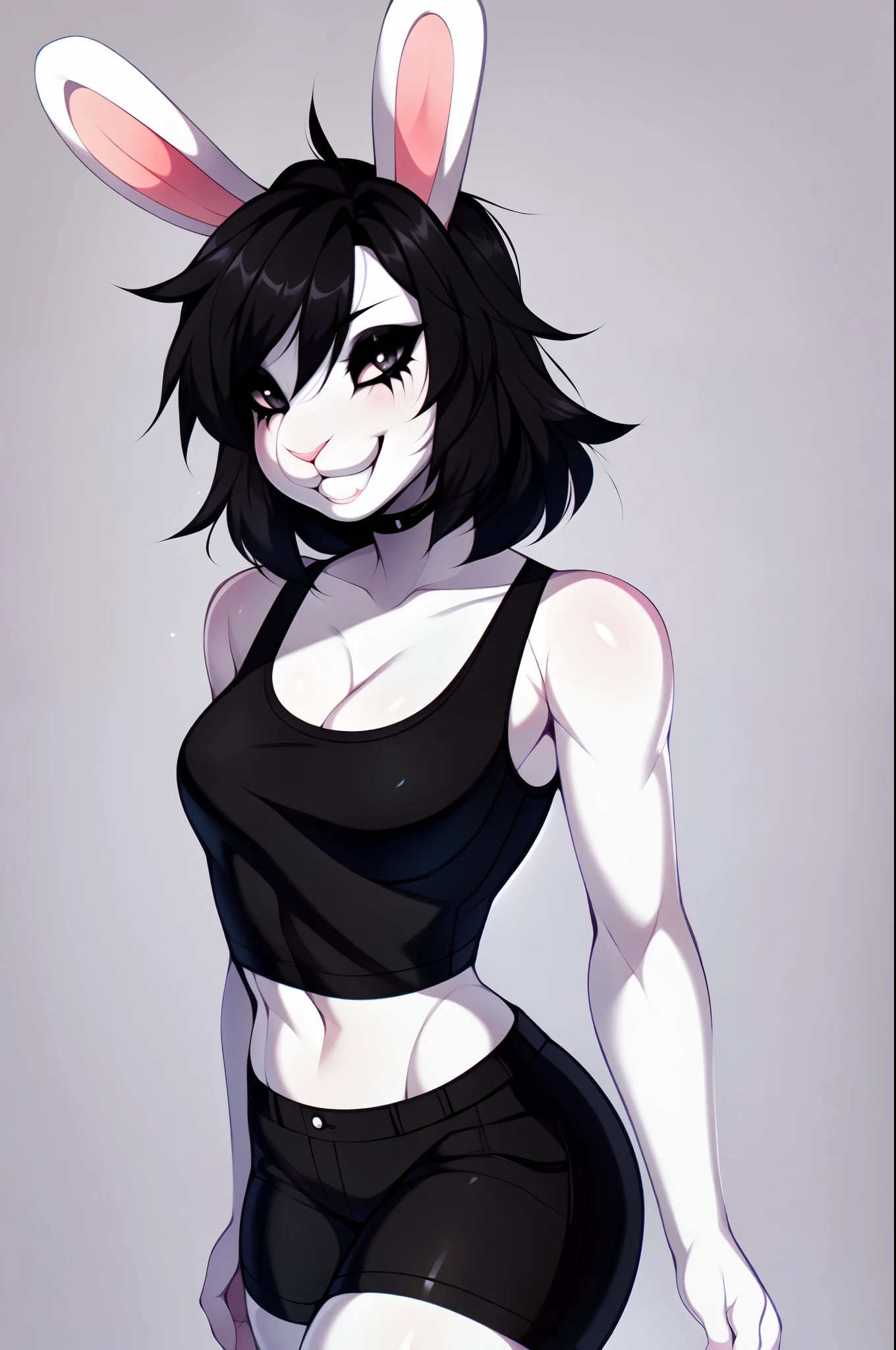 Solo:1.4, Sadie, anthro white lop rabbit girl, dark grey eyes, white sclera, floppy white rabbit ears, ears drooping down, cute bunny nose, cute bunny face, medium breasts, black tank top, black shorts, emo hair, hair covering one eye, mascara, black make up, smiling, trendy style clothes, standing, by fumiko, by hyattlen, white background, no background, portrait, ears fully in frame, upper body shot, far away shot