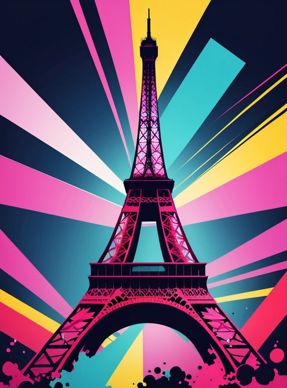 vector art, Colorful illustration with graffiti eiffel tower, in the center, Bright colors, paint splashes and blots, high detail, whitebackground