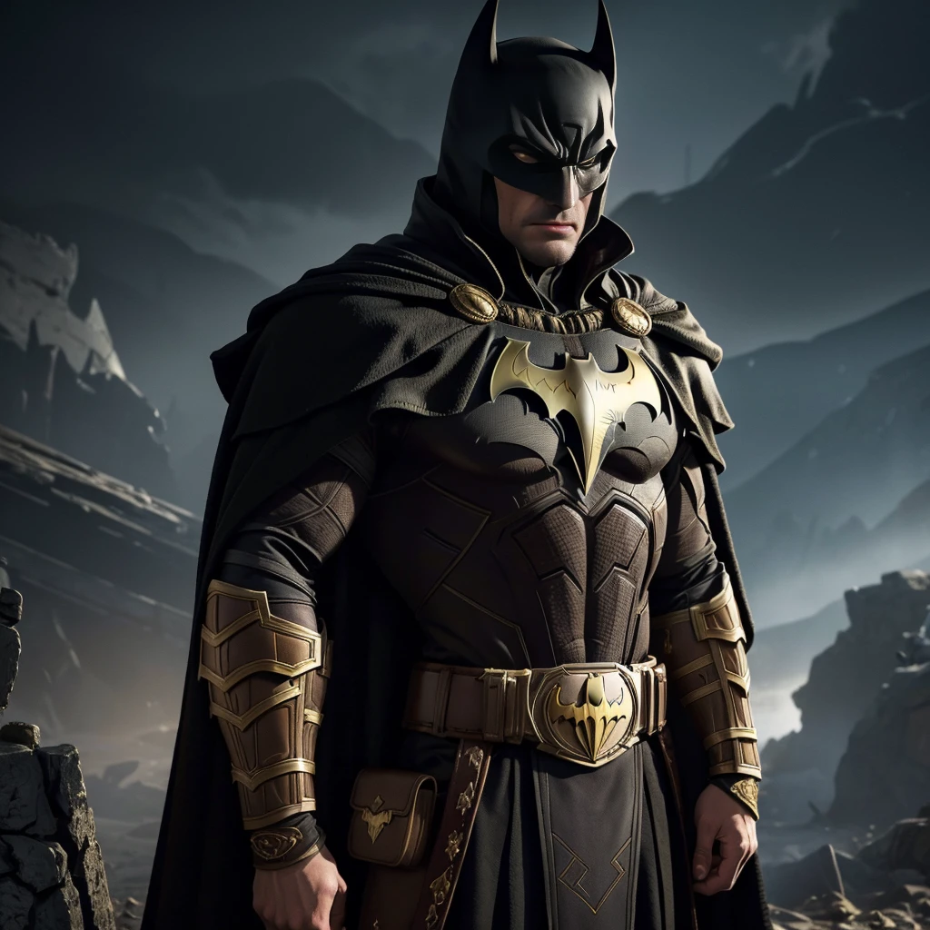 Masterpiece, best quality) Dark and brooding illustration of Batman, wearing a Romanian-style outfit, high contrast. Detailed gold armor, intricately designed, adorned with traditional Romanian patterns and symbols. Sharp lines and edges, muted colors palette with pops of deep reds and golds. Textured fabrics, metal capes, and belt with an impressive buckle. Batman's accessories, wearing a sword including cowl and utility belt, feature Romanian motifs, giving the Dark Knight a unique yet iconic look. The background is set in Craiova, bloodied sky with Romanian vampieres in the distance, creating a captivating panorama.