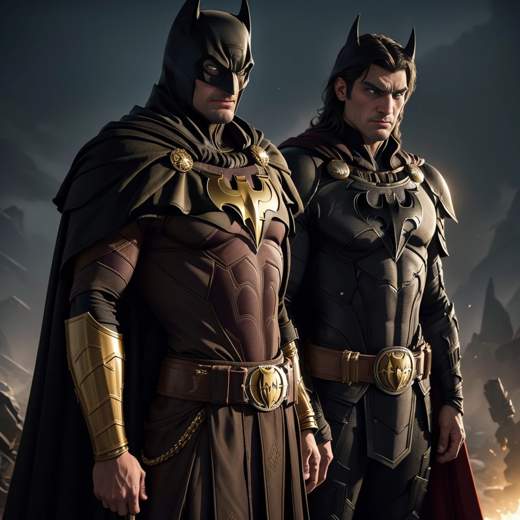 Masterpiece, best quality) Dark and brooding illustration of Batman, wearing a Romanian-style outfit, high contrast. Detailed gold armor, intricately designed, adorned with traditional Romanian patterns and symbols. Sharp lines and edges, muted colors palette with pops of deep reds and golds. Textured fabrics, metal capes, and belt with an impressive buckle. Batman's accessories, wearing a sword including cowl and utility belt, feature Romanian motifs, giving the Dark Knight a unique yet iconic look. The background is set in Craiova, bloodied sky with Romanian vampieres in the distance, creating a captivating panorama. 