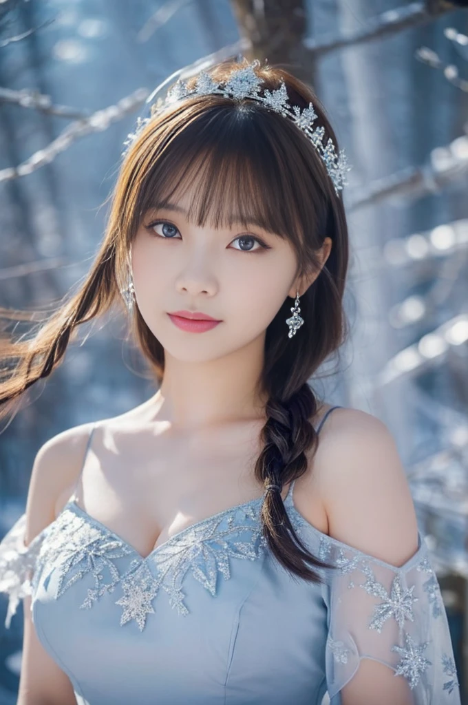 12 year old girl、baby face、Childish、highest quality,4K,8K,High resolution,table top:1.2,super detailed,(realistic,realistic,Photoreal:1.37),portrait,Elsaから&#39;Photo of "frozen" movie,beautiful and fine eyes,beautiful detailed lips,highly detailed eyes and face,long eyelashes,ice queen,sparkling snowflakes,Fine brushwork,glossy oil paint,soft pastel colors,Vivid blue and purple,Viewers can feel the coldness of the air,Elsa&#39;hair blowing in the wind,Her confident and powerful pose,ice and magic background,Subtle lighting casts shadows and highlights on her face,Glittering ice crystal crown and dress,frozen pattern on a dress that reflects light,Her white skin had a slight frost on it.....,Background filled with enchanting winter forest,delicate icicles hanging from a tree,soft snow covering the ground,Snow-capped mountains in the distance々々々々々々create amazing backgrounds,Mysterious and ethereal atmosphere,Stars shining in the night sky,Moonlight illuminating the scene,Hints of the aurora dancing above,Body language that expresses strength and grace,Her eyes radiated determination and resilience....、off shoulder dress、laughter、back、look back、full body esbian、(big breasts:1.5、You can see beautiful cleavage)