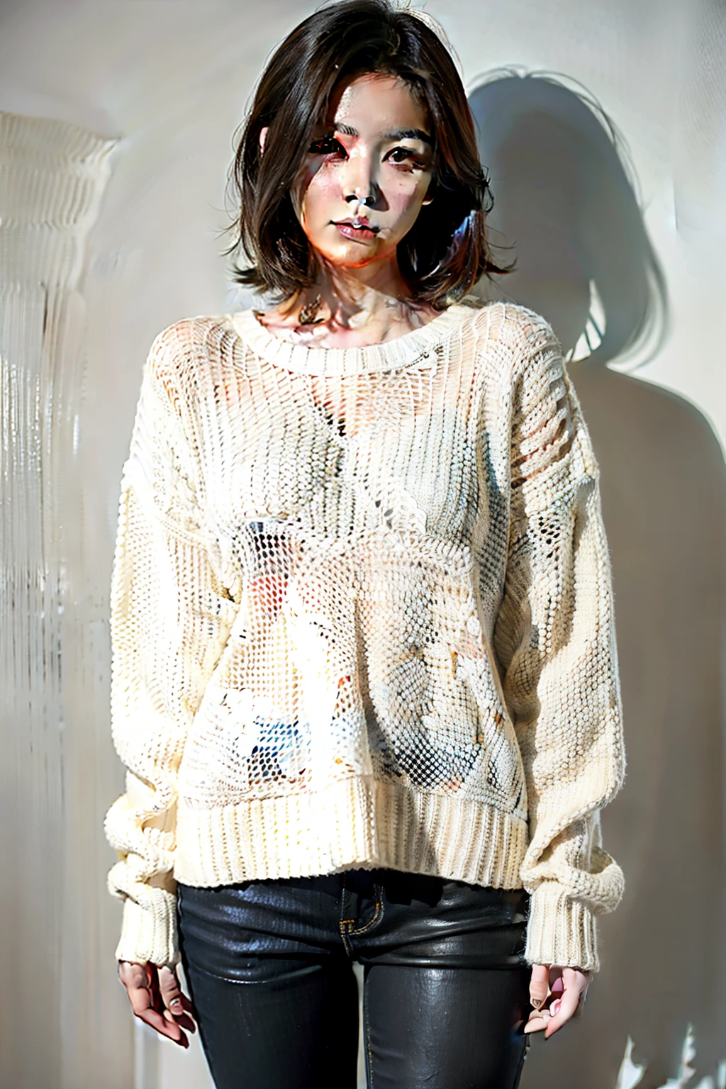 1 chica,sweater,Fondo blanco, mostrando senos