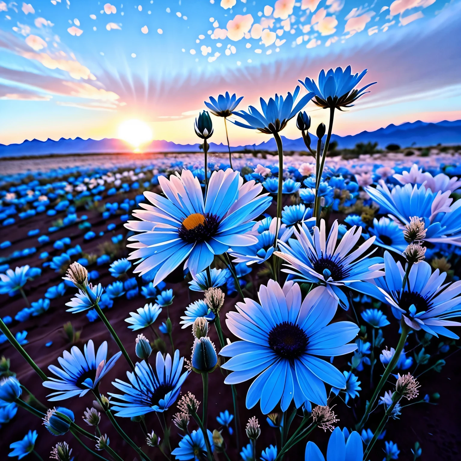 a close up of a field of flores azuis with a sunset in the background, Campo de flores azuis, floral sunset, flores azuis, an aesthetic field of flowers, flores azuis bloomed all over, lindas flores grandes, natureza bela, Flores bonitas, luz suave azul, Marcos Adams, azul brilhante, magic flowers, flores do deserto, brilho suave, fundos lindos
