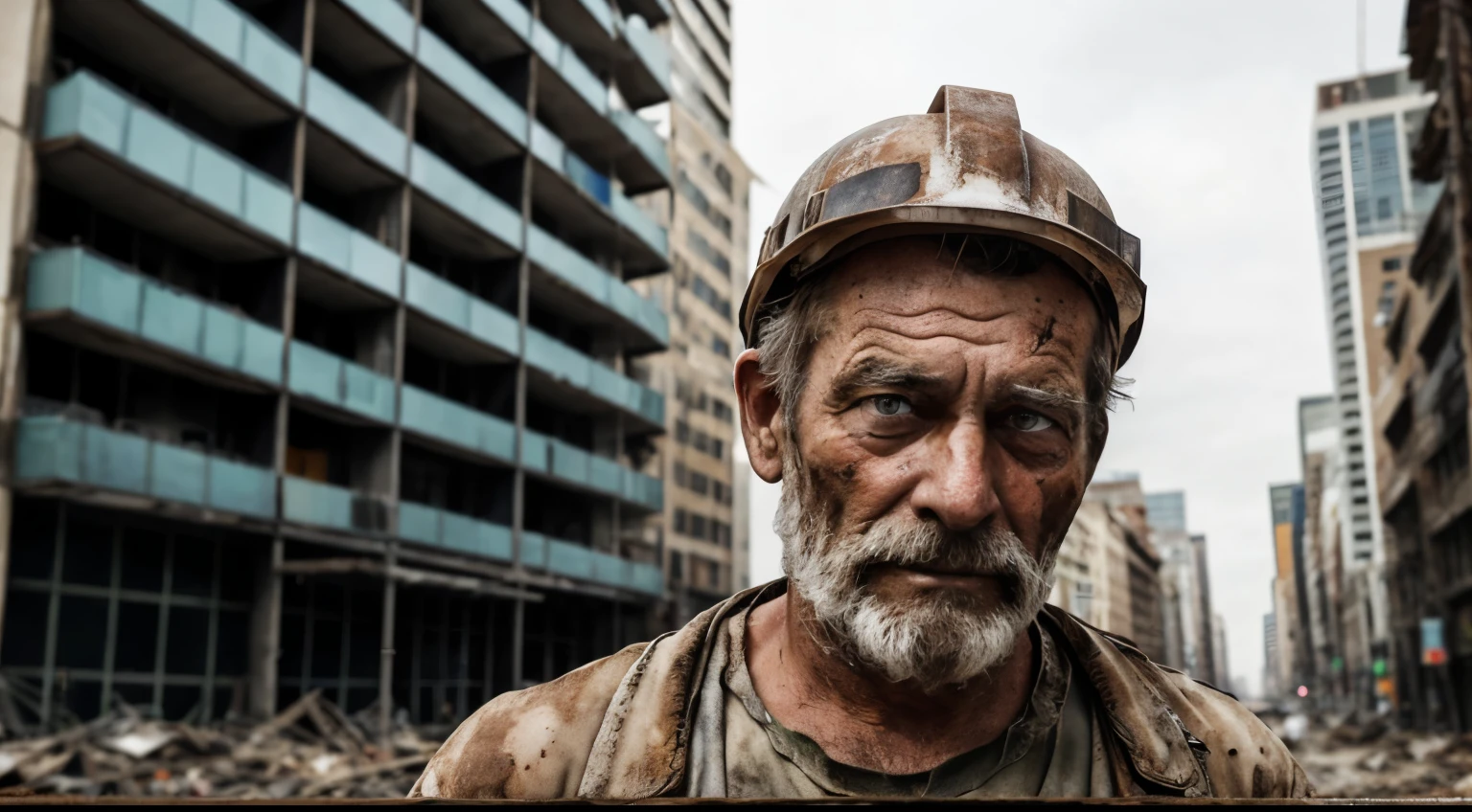 Tired dirty construction worker looking ahead and behind him all falling buildings 