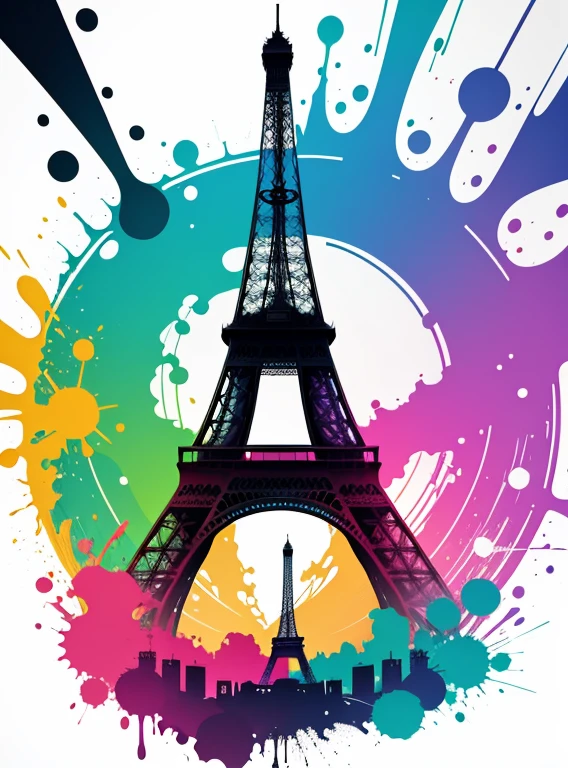 vector art, Colorful illustration with graffiti eiffel tower, in the center, Bright colors, paint splashes and blots, high detail, whitebackground