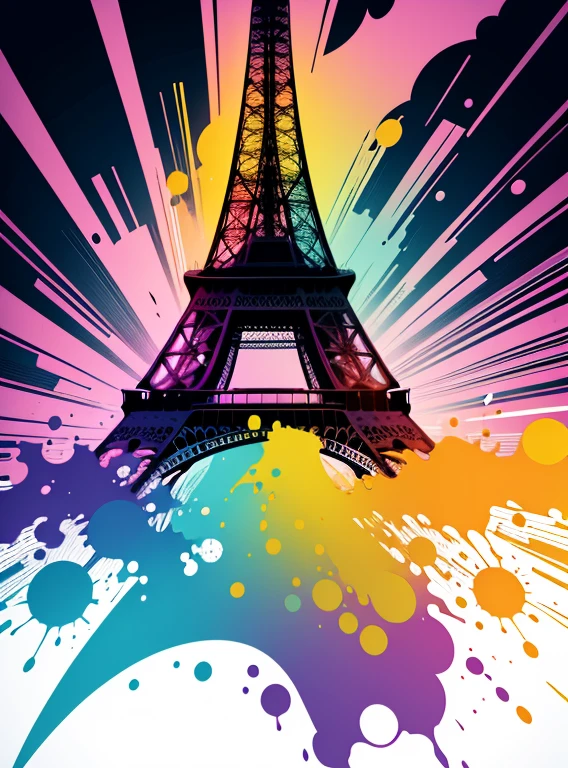 vector art, Colorful illustration with graffiti eiffel tower, in the center, Bright colors, paint splashes and blots, high detail, whitebackground