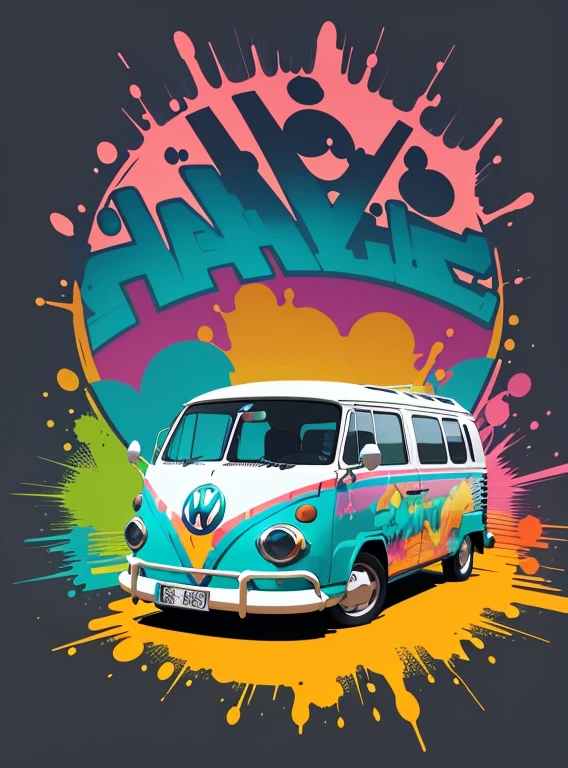vector art, Colorful illustration with graffiti Volkswagen Kleinbus, in the center, Bright colors, paint splashes and blots, high detail, white background