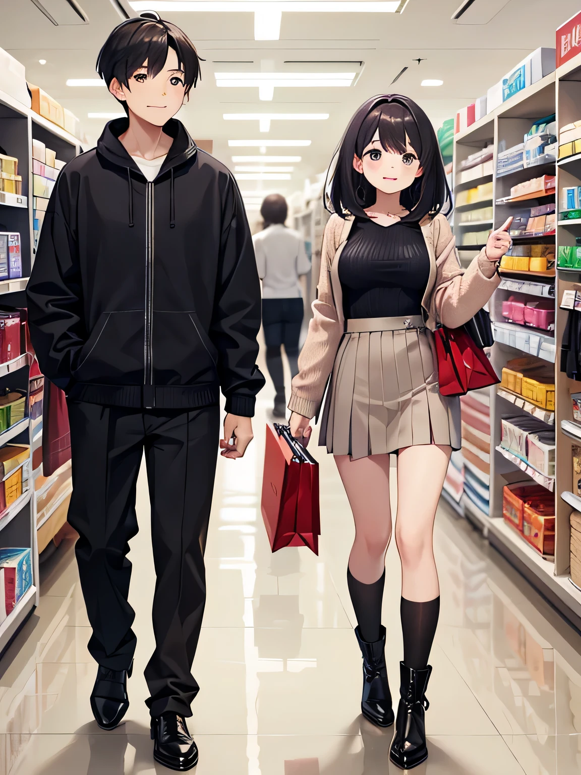 1,There are also male and female couples..
2,Two people enjoying shopping together.
3,Both are smiling and looking like they're having fun.
4,Women wear sexy knits and pleated miniskirts.、I'm wearing long boots on my feet。.
5,The man is wearing normal clothes, but his hair is braided.、carrying a woman's luggage.
6,The location is the aisle of the women's clothing section of a department store.。.