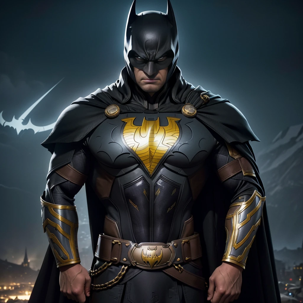 Masterpiece, best quality) Dark and brooding illustration of Batman, wearing a metal Romanian-style outfit, high contrast. Detailed gold armor, intricately designed, adorned with traditional Romanian symbols. Sharp lines and edges, blue red and yellow colors palette with pops of deep black and silver. Metal fabrics, metal capes, and belt with bat logo. Batman's accessories, wearing a sword including cowl and utility belt, feature Romanian motifs, giving the Dark Knight a unique yet iconic look. The background is set in Craiova, bloody sky with Romanian vampieres in the distance, creating a captivating panorama.