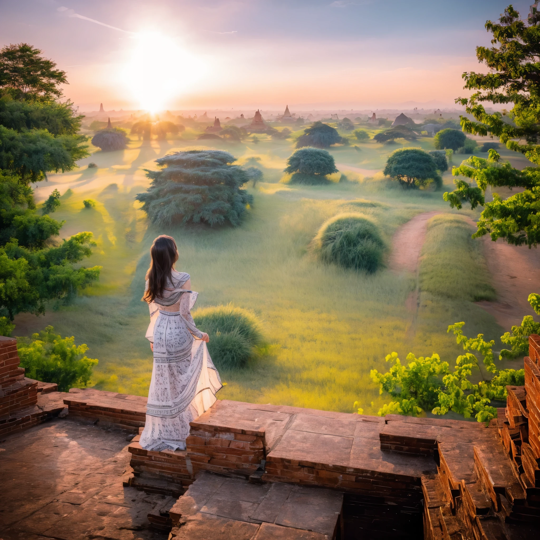 1 girl, Standing on Stairs of Bagan ancient pagoda, perfect body, portrait detailed, perfect breats fix, perfect hips, perfect ass, perfect amazing face beautiful expression, 4k, 8k, softlight, canon 5d mark 4+ canon 135mm prime lens f2.0, bokeh, light flare, background blurry, Bagan ancient pagoda background, landscape, fullbody view, ultrawide view, beautiful flower, beautiful cloud, holding a paint traditional umbrella.