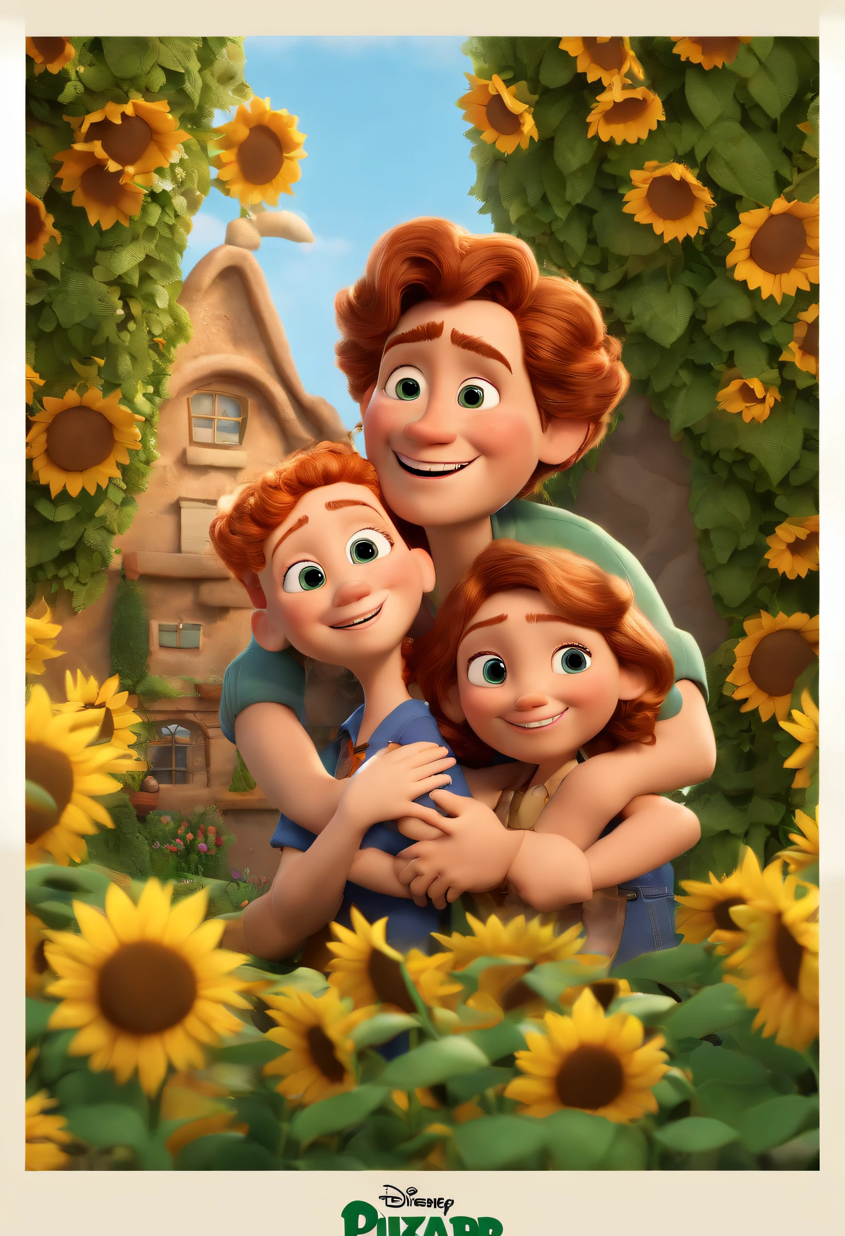 Create a Disney PIXAR-style 3D poster. ((centro da imagem, Family)), ((3 pessoas)) ((1 Child)) ((They're hugging each other, O menino tem pele castanha e cabelos castanhos escuros e olhos castanhos escuros, The father is blond with green eyes, He has a beard and wears glasses, The mother is a redhead with curly hair and very long, wears glasses and has a septum piercing)) ((tudo isso no estilo Disney PIXAR 3D, no fundo, A house of sunflowers, Gloria Studio, The garden is full of nature 3D render RTX clay material, estilo de design cartunesco, POP Mart, soft lighting, linhas suaves, Spring tilt, Detailed illustrations of PIXAR 3D, Detalhes hiper-realistas, cor quente no estilo Disney PIXAR 3D))