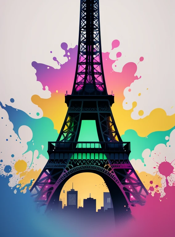 vector art, Colorful illustration with graffiti eiffel tower, in the center, rainbow colors, paint splashes and blots, high detail, whitebackground